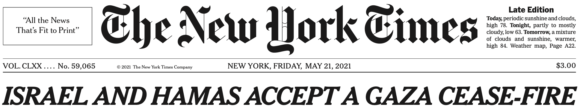 NYT headline on Gaza ceasefire