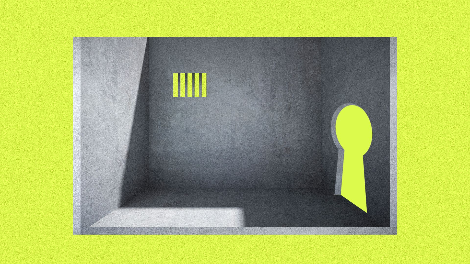 An illustration of a small prison cell with a big key hole set against a lime green background 