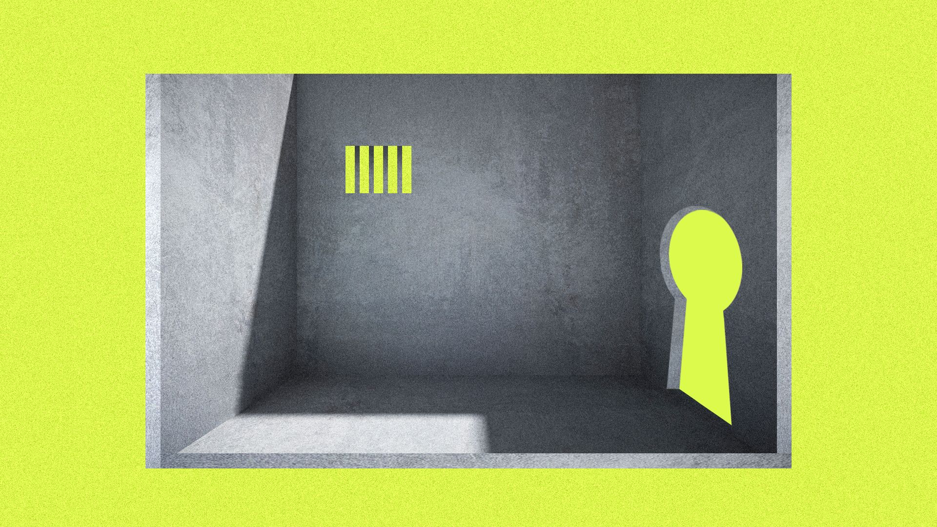 An illustration of a small prison cell with a big key hole set against a lime green background