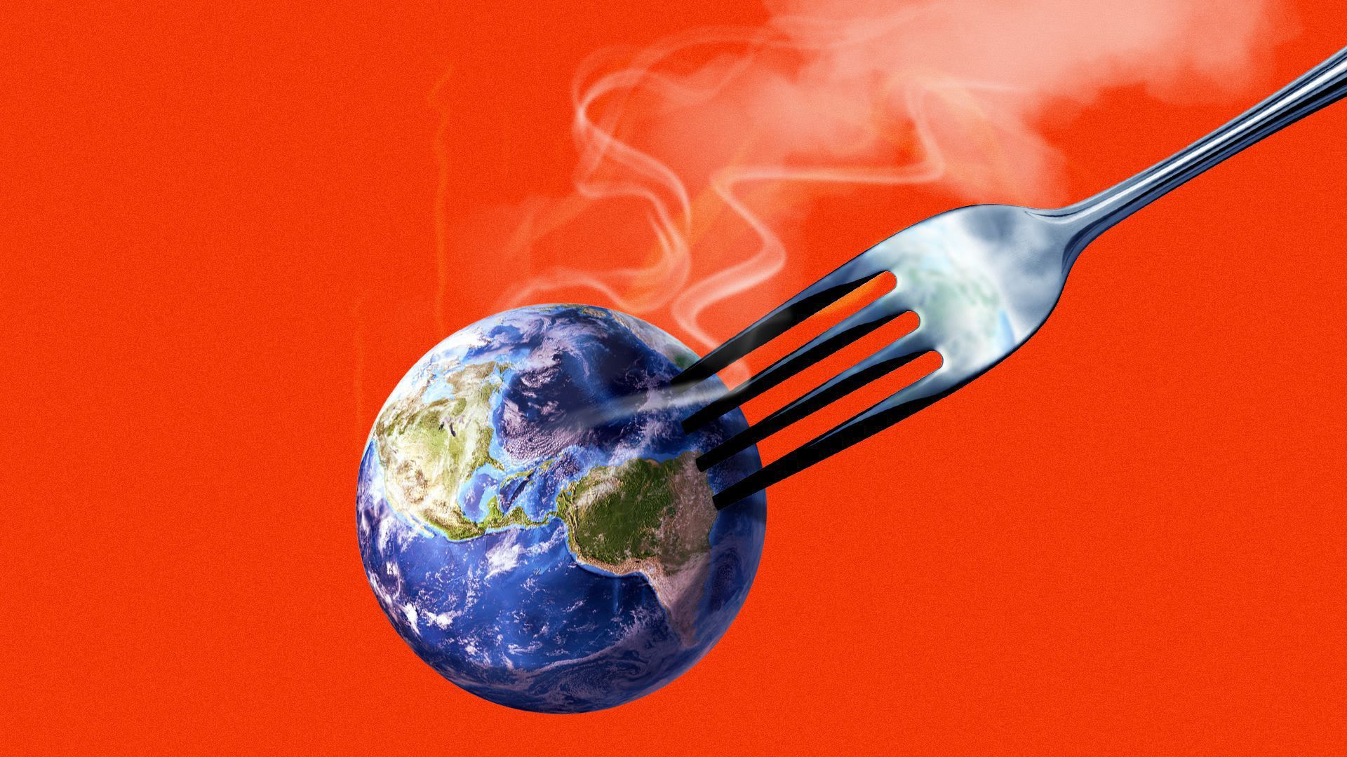 Illustration of a globe with a fork in it.