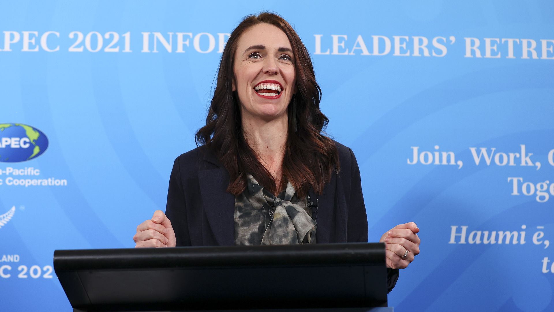 Prime Minister Jacinda Ardern speaks to media during a press conference for the APEC Informal Leaders' Retreat at the Majestic Centre on July 16, 2021 in Wellington, New Zealand. 