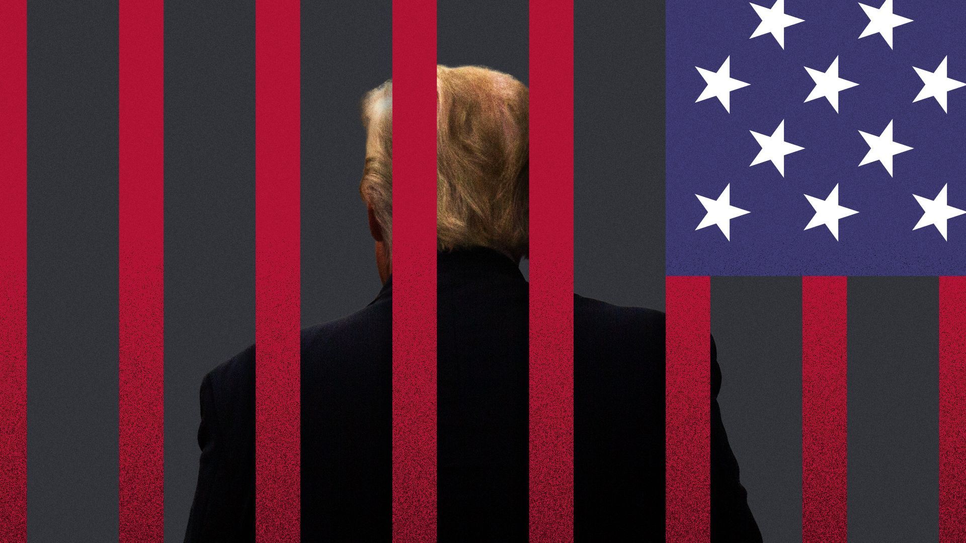 Illustration of Donald Trump behind bars made from the American flag.