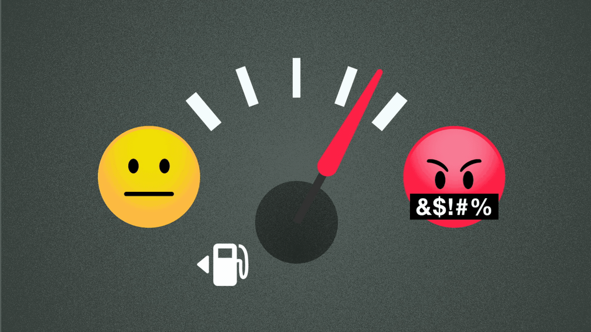 Illustration of a car gas gauge, with a neutral emoji on the left and a swearing emoji on the right, and the needle reaching the swearing side.