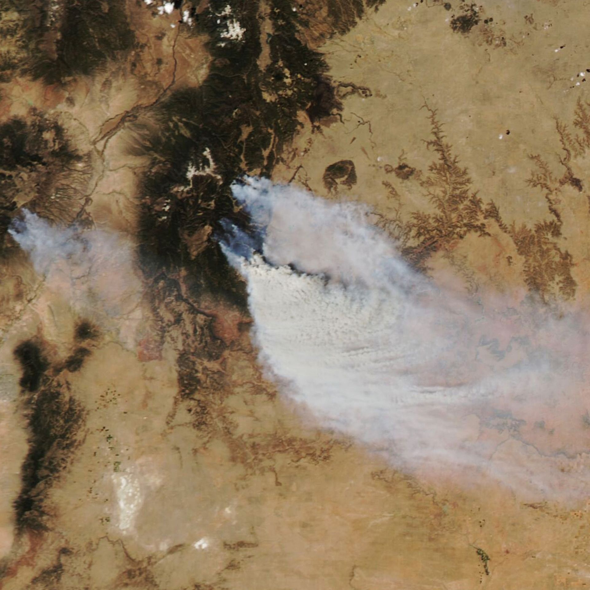 Satellite image showing wildfire smoke in New Mexico on May 3, 2022.