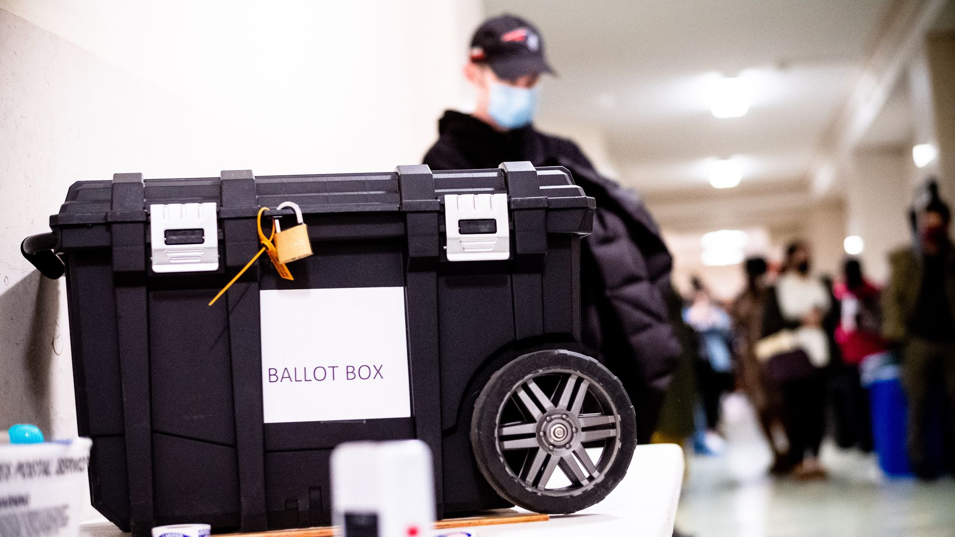 An official ballot box and the setup around it ahead of the presidential elections in Pittsburgh, Penn., in November 2020