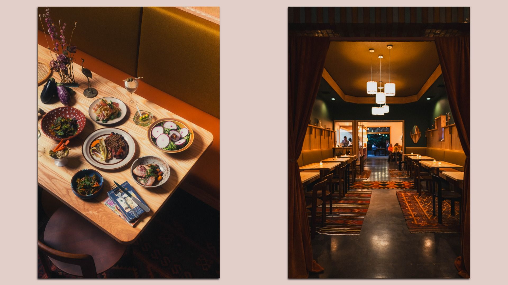 Two images: Left, a wooden table with assorted colorful dishes, drinks, and flowers in a cozy restaurant booth. Right, a warmly lit dining area with tables, chairs, rugs, and mid-century lighting.