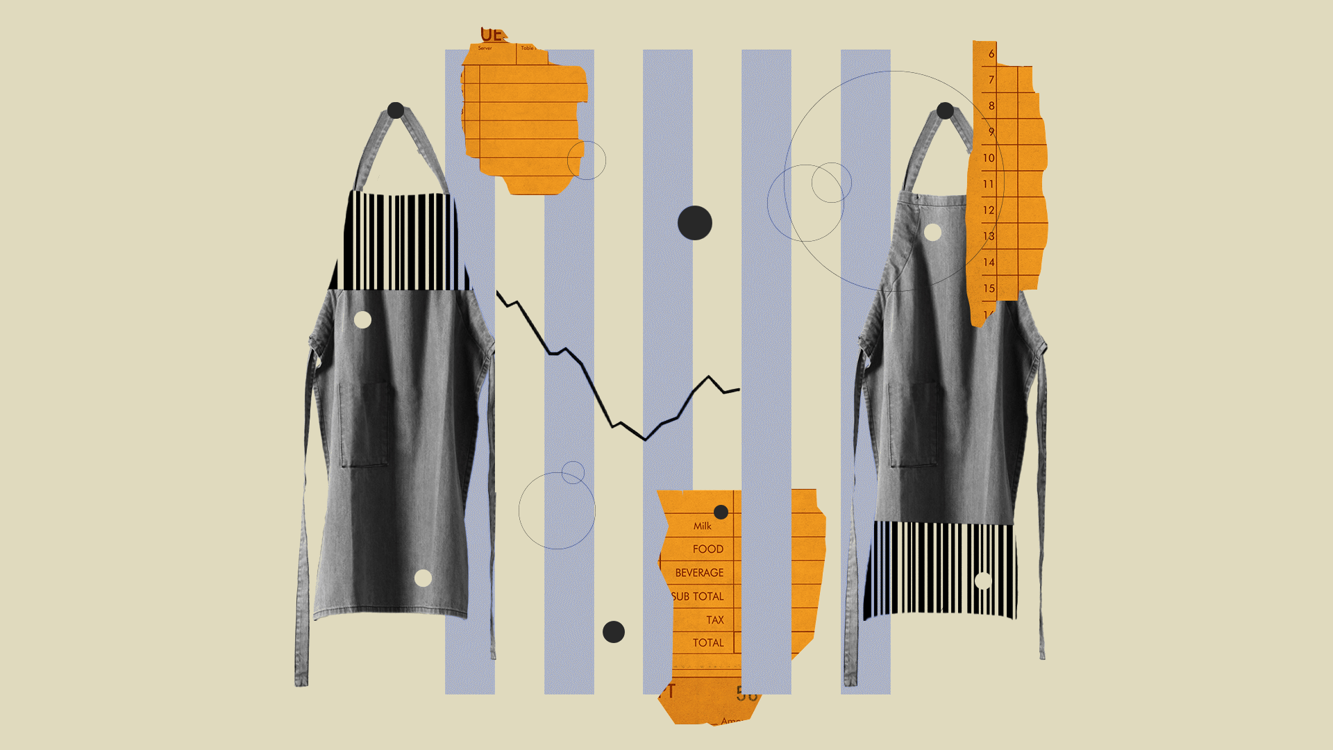 Animated illustrated collage of a downward trending line surrounded by aprons, barcode patterns and circles.