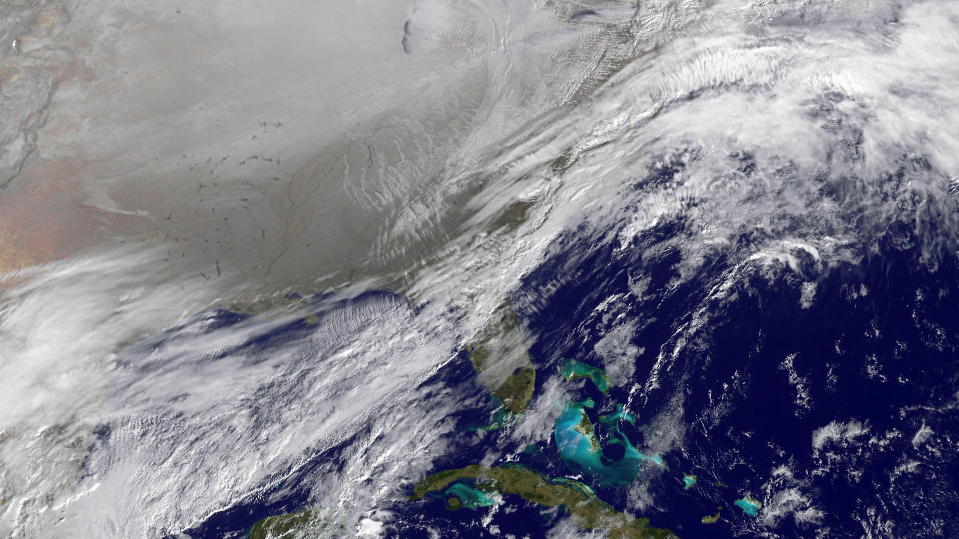 A satellite image showing a polar vortex moving in.