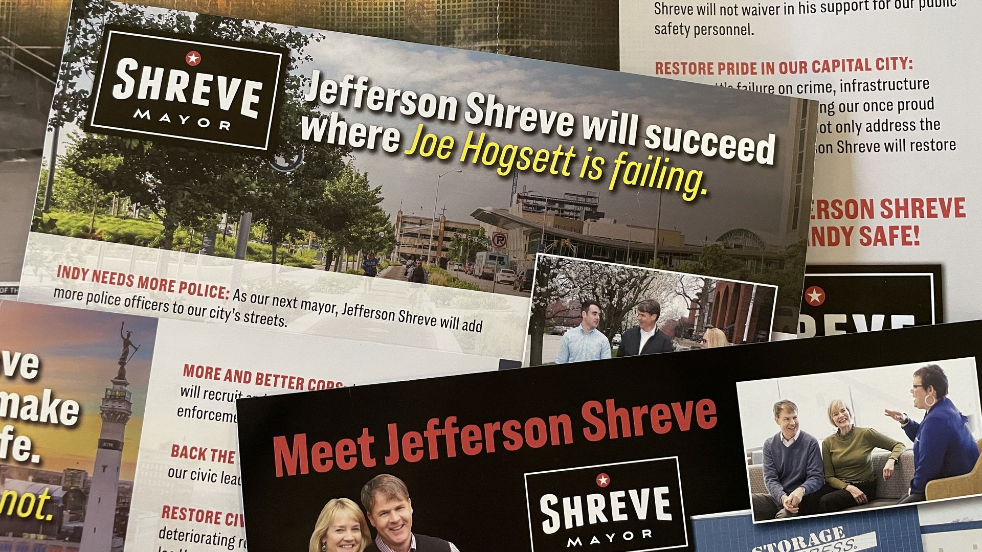 A collection of campaign mailers from Republican mayoral candidate Jefferson Shreve.