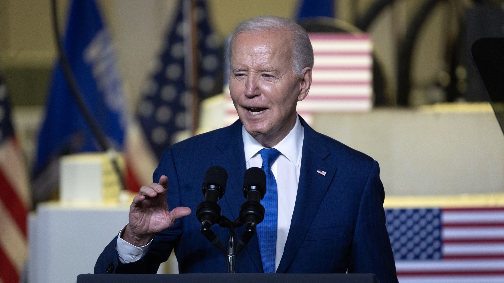 .S. President Joe Biden speaks to guests during an event at Gateway Technical College’s iMet Center on May 08, 2024 in Sturtevant, Wisconsin.