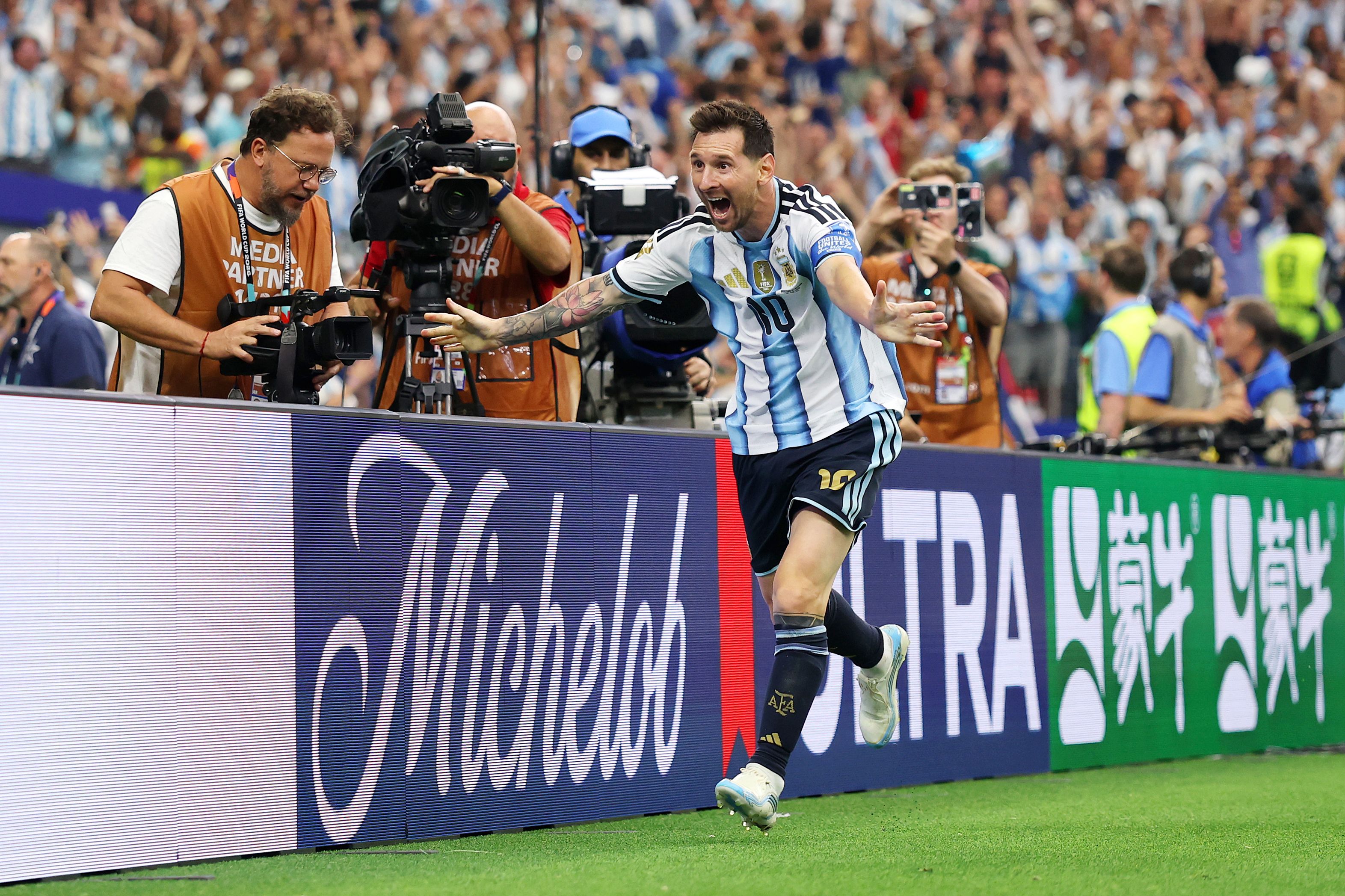 Lionel Messi celebrates after scoring against Austria yesterday in Arlington, Texas.