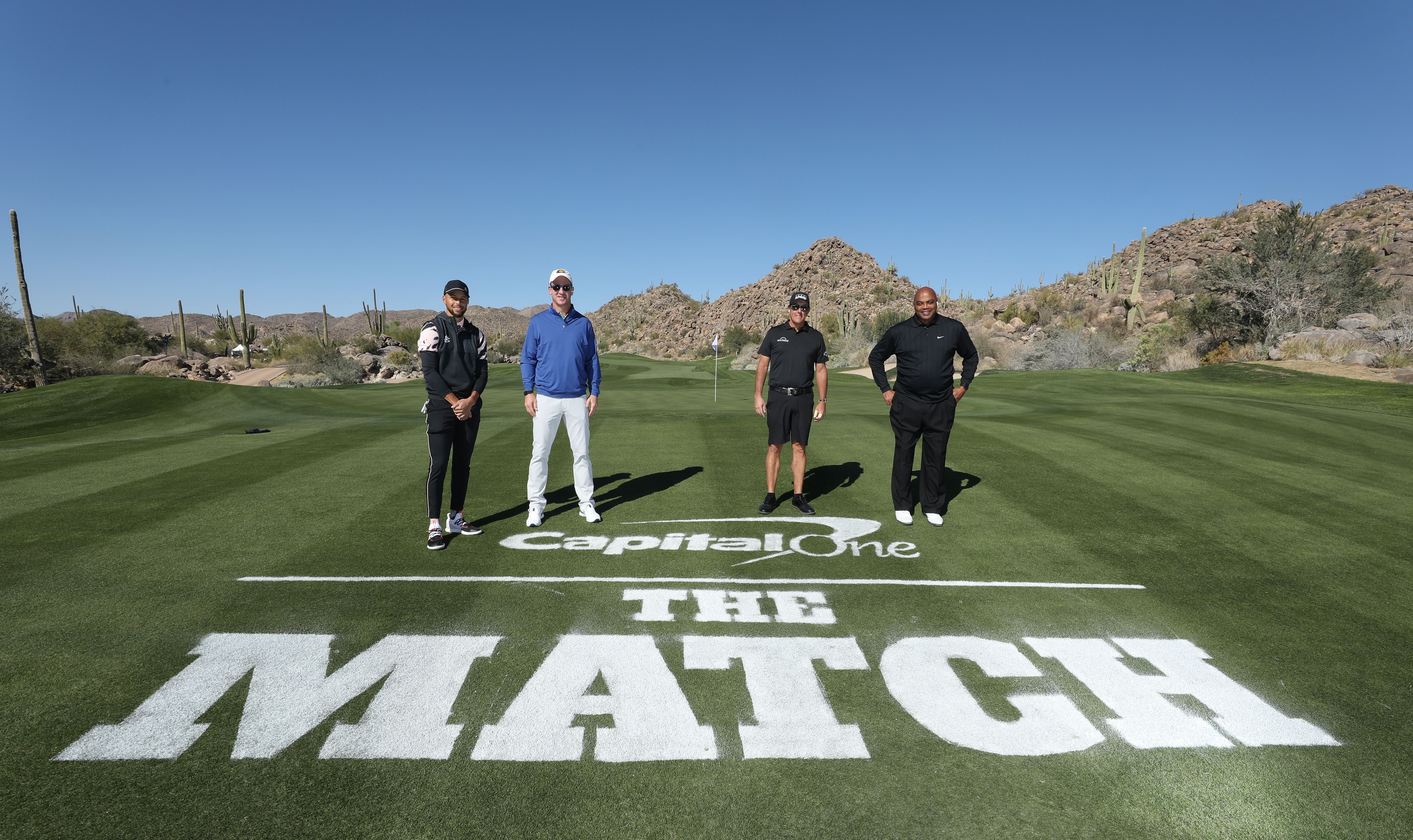phil mickelson charles barkley steph curry and peyton manning at the match