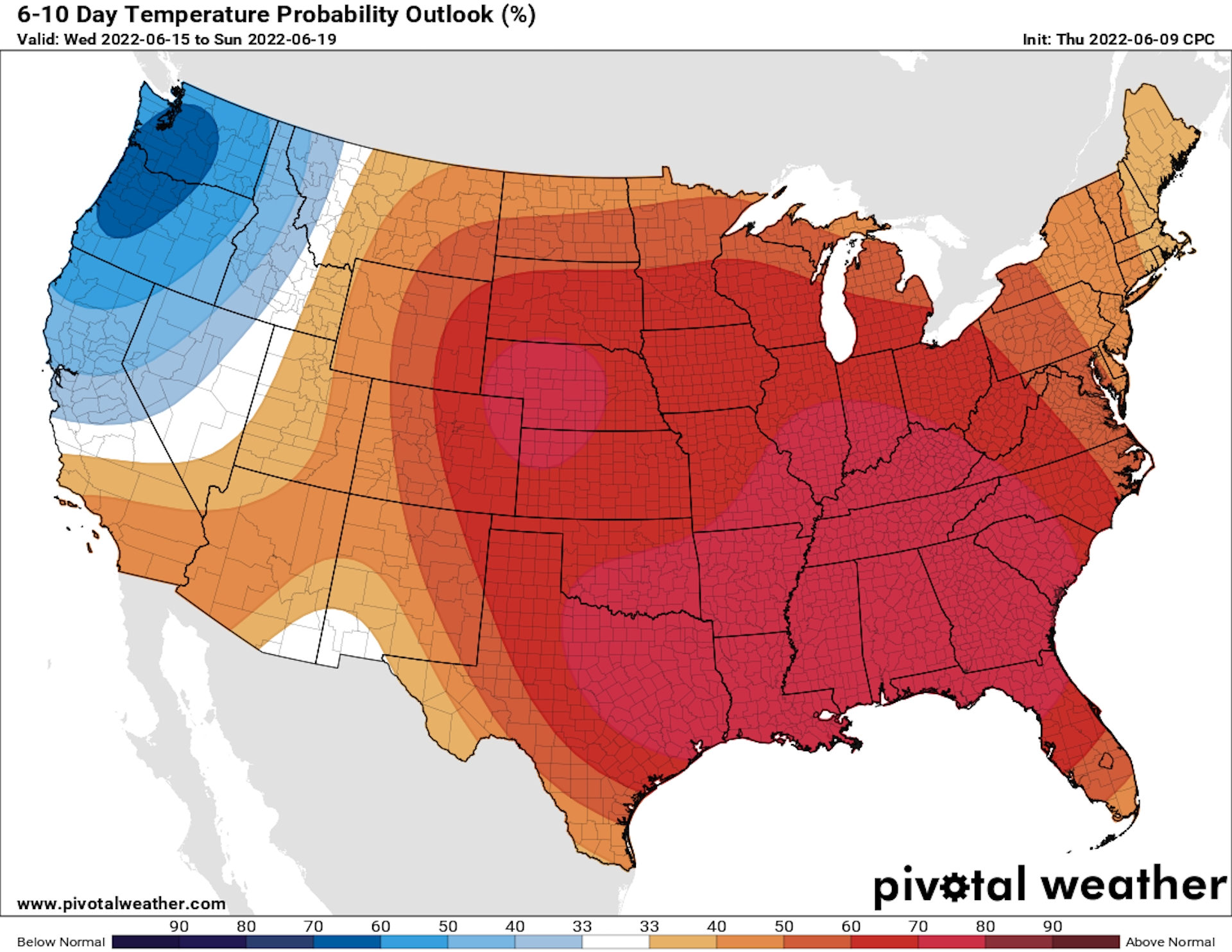 Temperature outlook for June 15-19 when compared to average, from the National Weather Service.