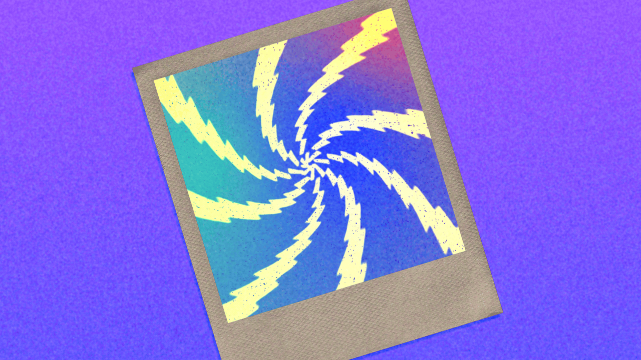 Animated illustration of an instant camera photo with a spiral of lightning bolts that move toward the viewer in the frame.