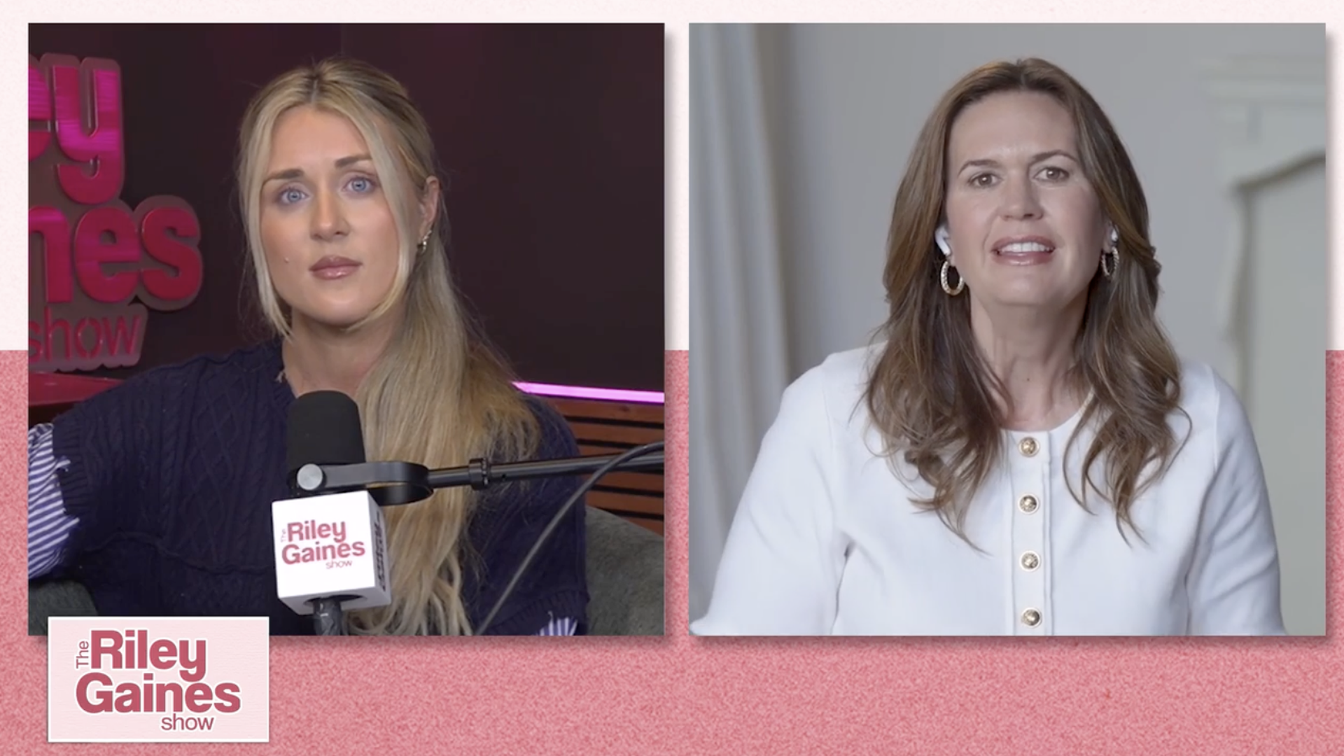 Two-panel collage: left—a blonde in a dark knit sweater speaks into a mic with a pink studio backdrop and the "Riley Gaines Show" logo; right—a brunette in a white buttoned top on a video call.