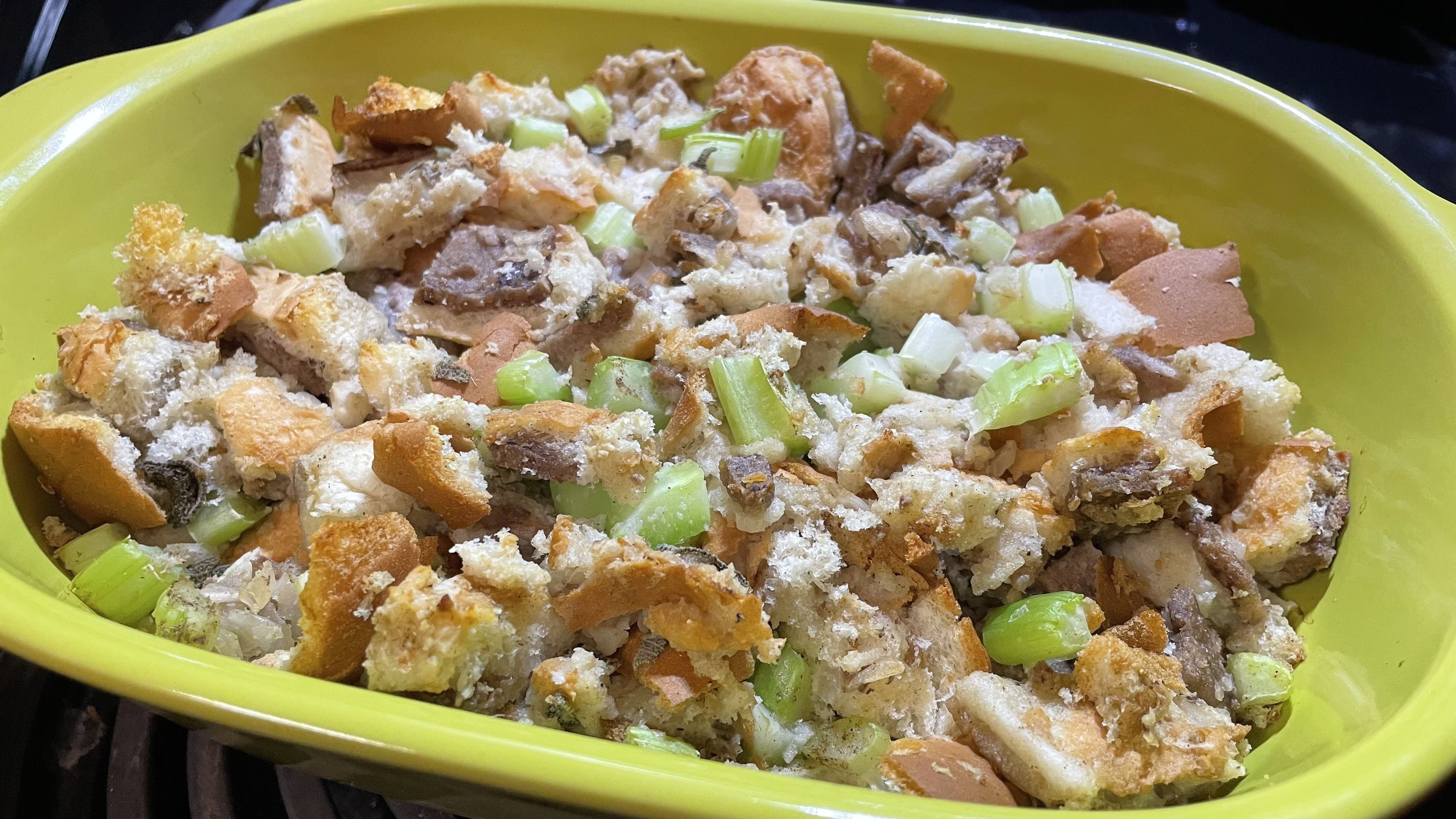 stuffing in a green bowl