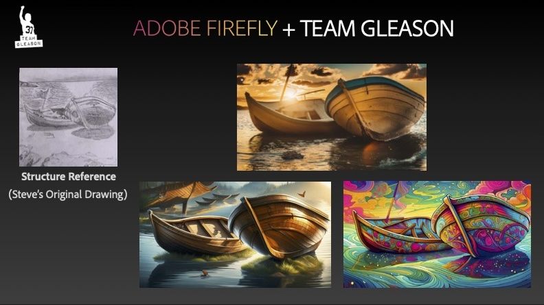 A slide that says Adobe Firefly + Team Gleason, with a drawing of two boats by Gleason and three colorized and stylized versions created by AI. 