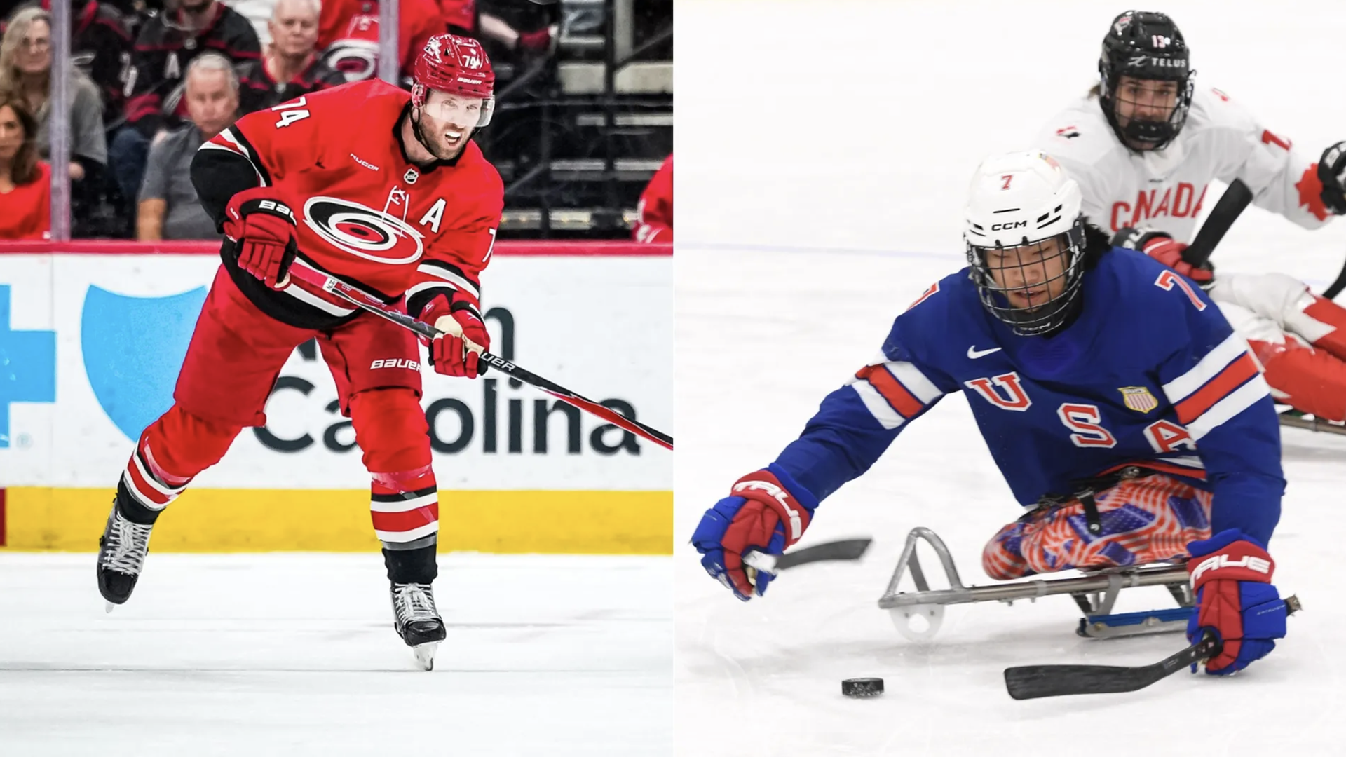 Jaccob Slavin and Kayden Beasley in action. Photos: Josh Lavallee/NHLI and Steve Babineau/NHLI via Getty Images