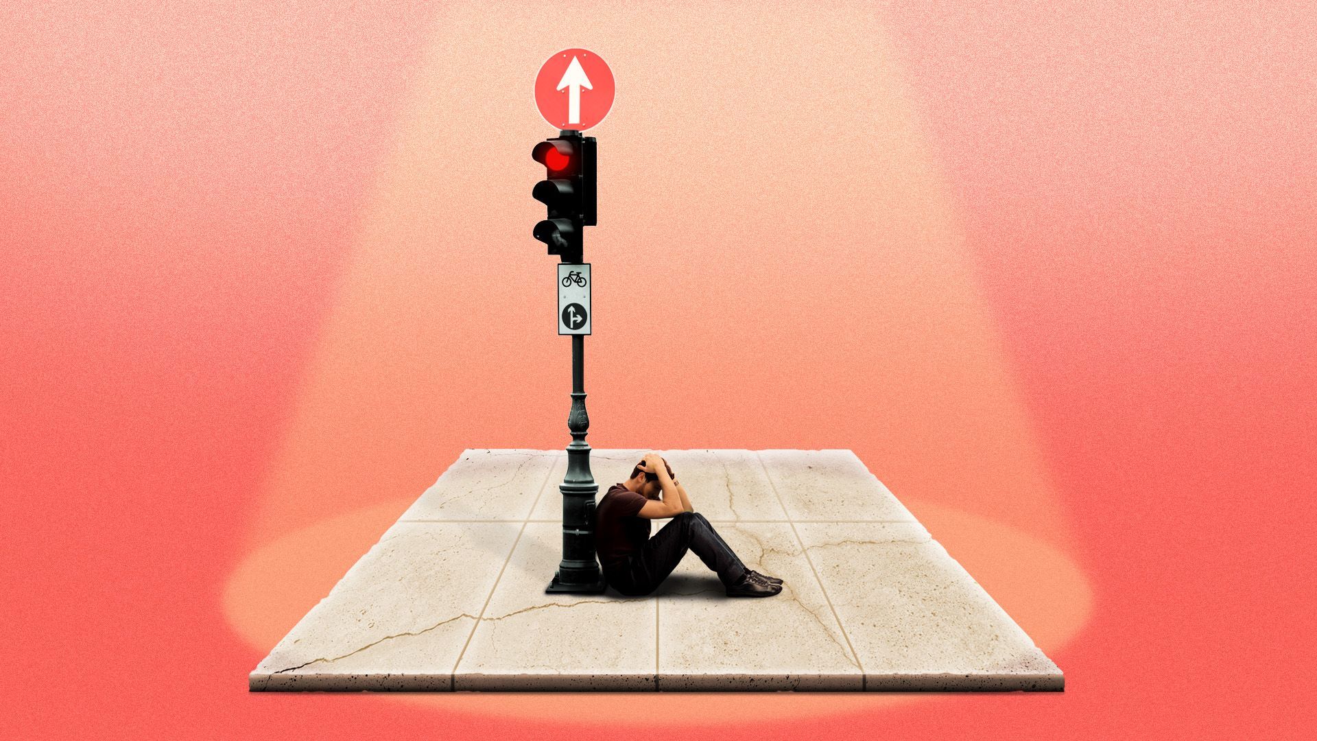 Illustration of a man leaning against a traffic post on a sidewalk with a light beaming down