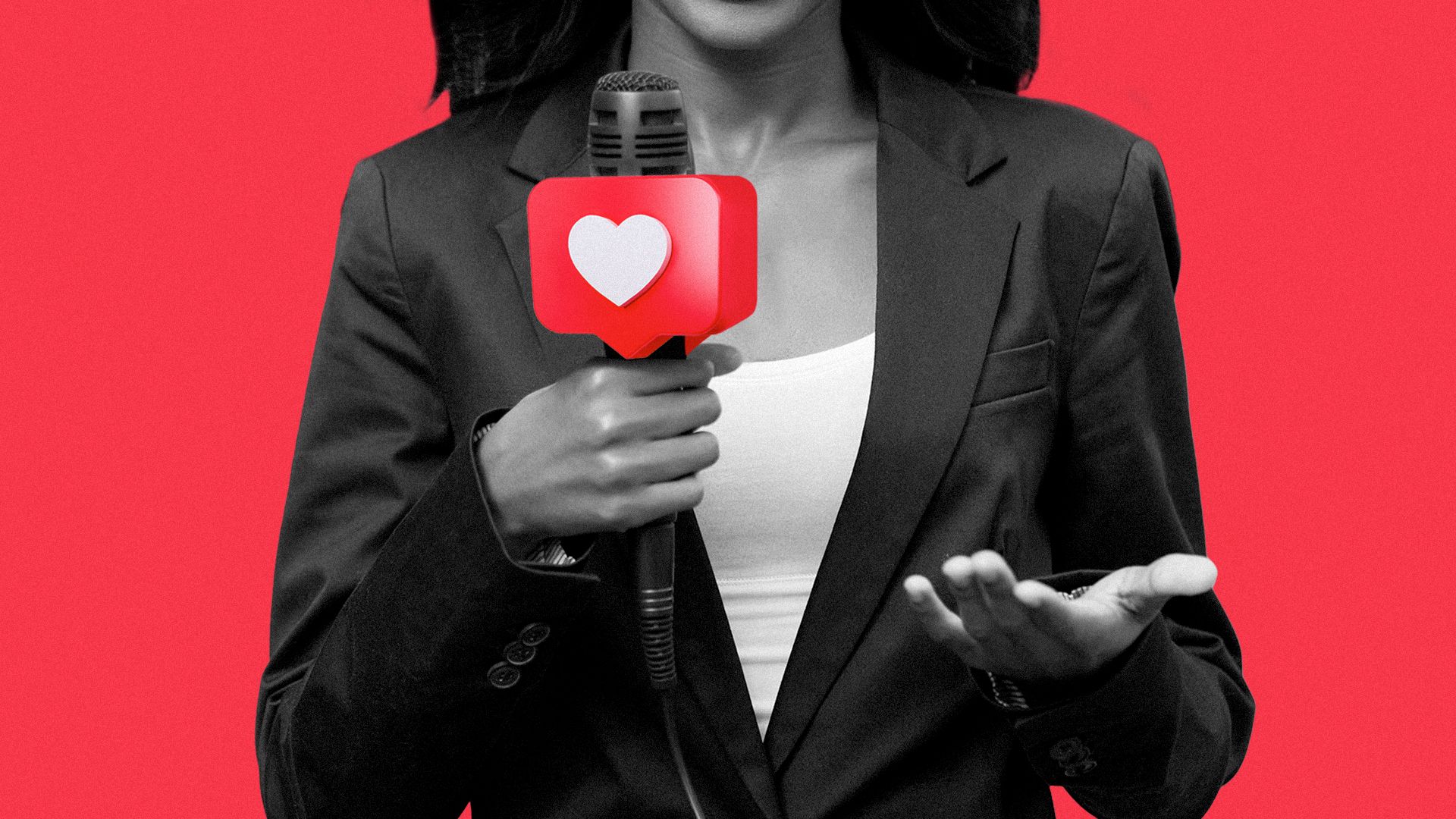 Illustration of a heart notification symbol on a news anchor's microphone.