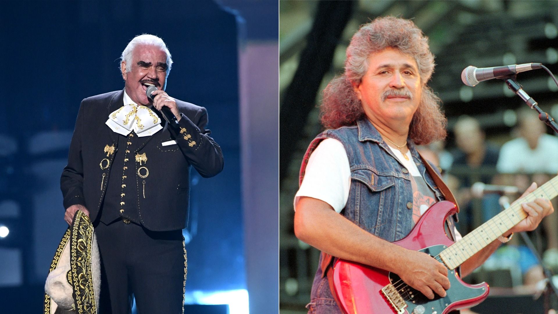 Side-by-side images of Vicente Fernandez and Freddy Fender performing on stage.