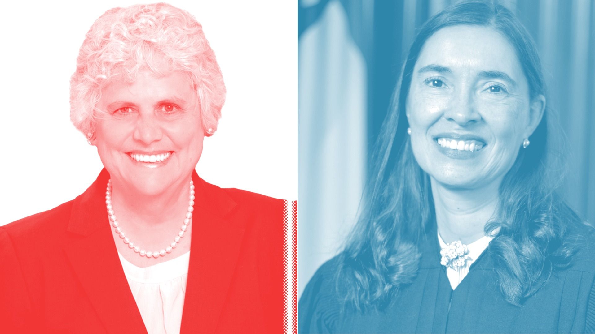 Split image of two women: left is an older woman with short white hair, pearl necklace, red suit; right is a younger woman with dark hair, blazer, smiling, blue tint.