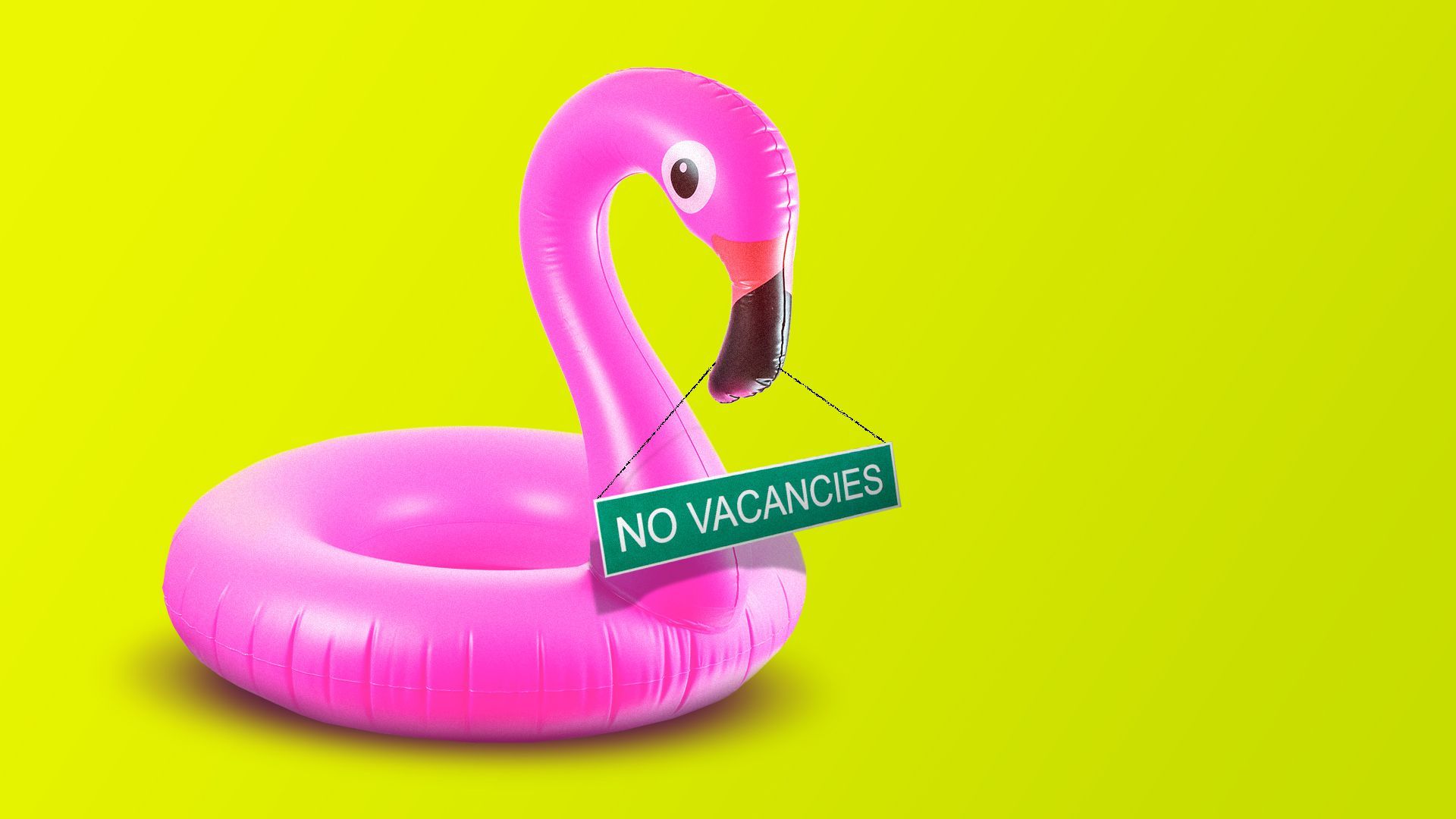 Illustration of a flamingo float holding a no vacancy sign. 