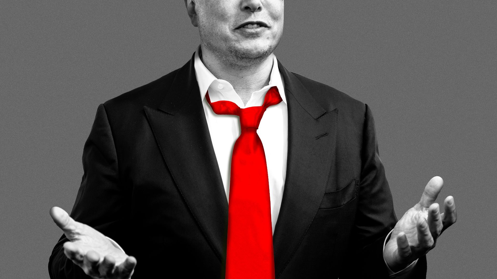 Photo illustration of Elon Musk wearing a giant red tie similar to Donald Trump