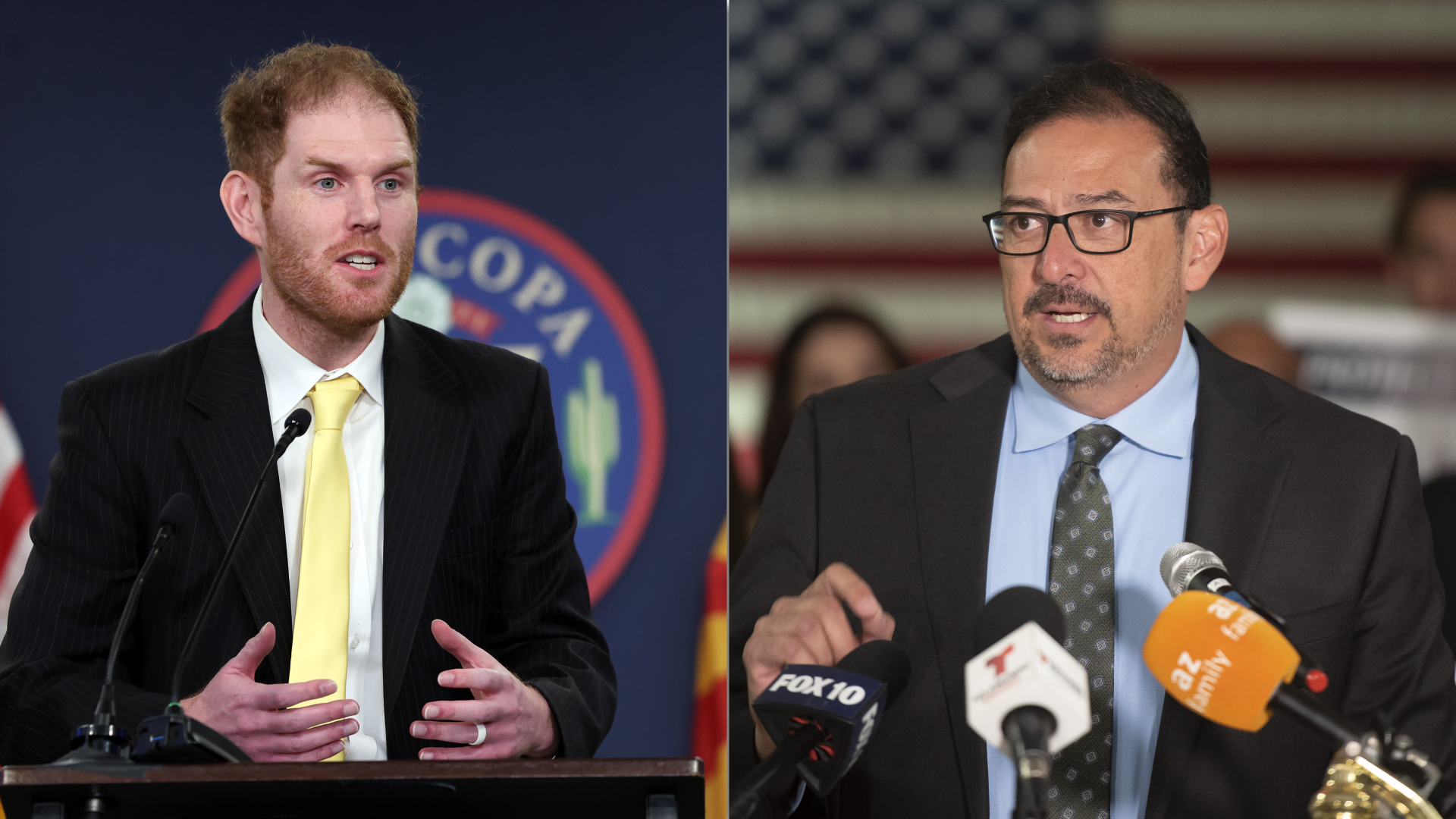 Side by side photos of two men speaking.