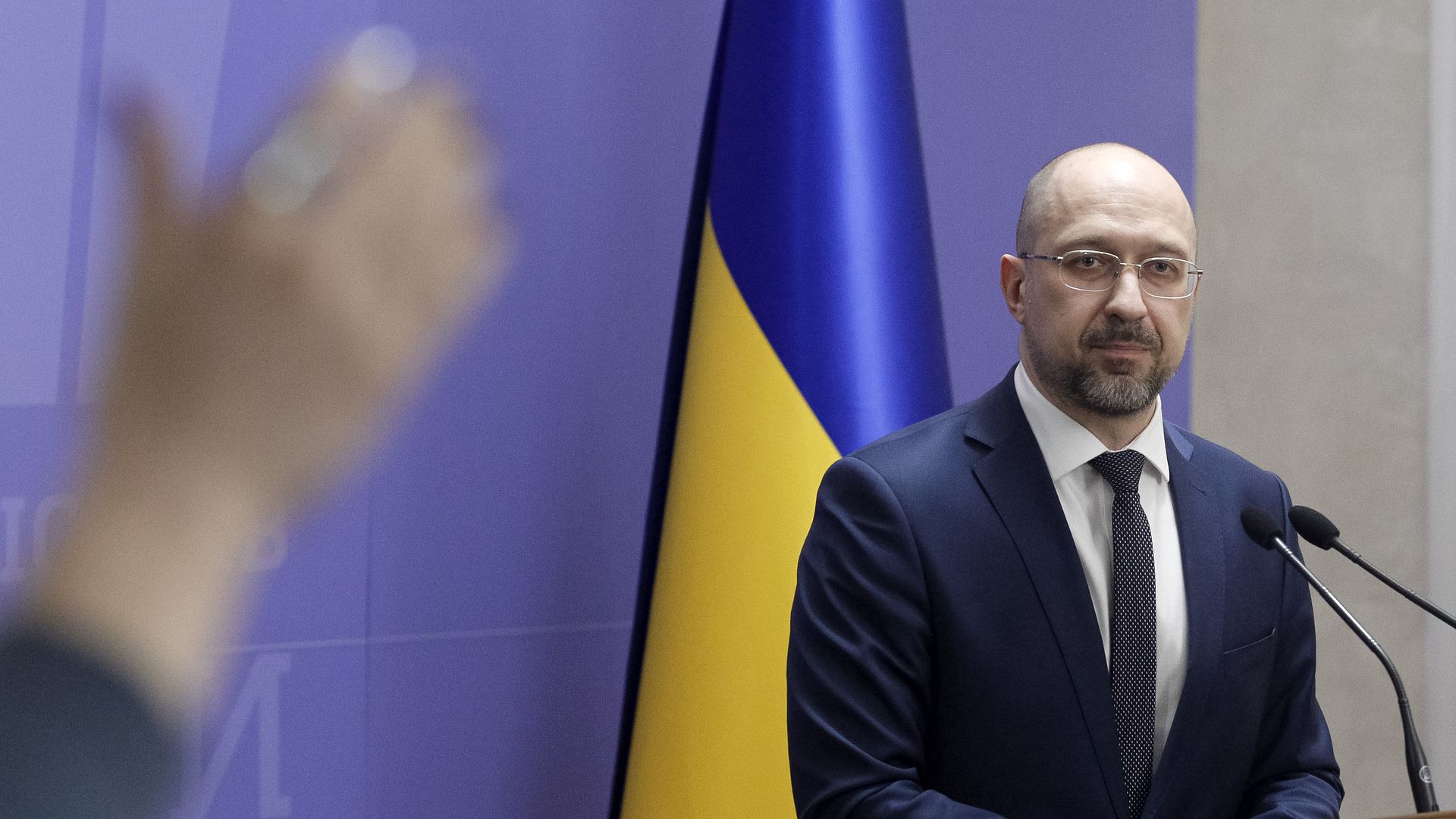 Ukraine's Prime Minister Denys Shmyhal during a press conference in Kyiv on March 2020.