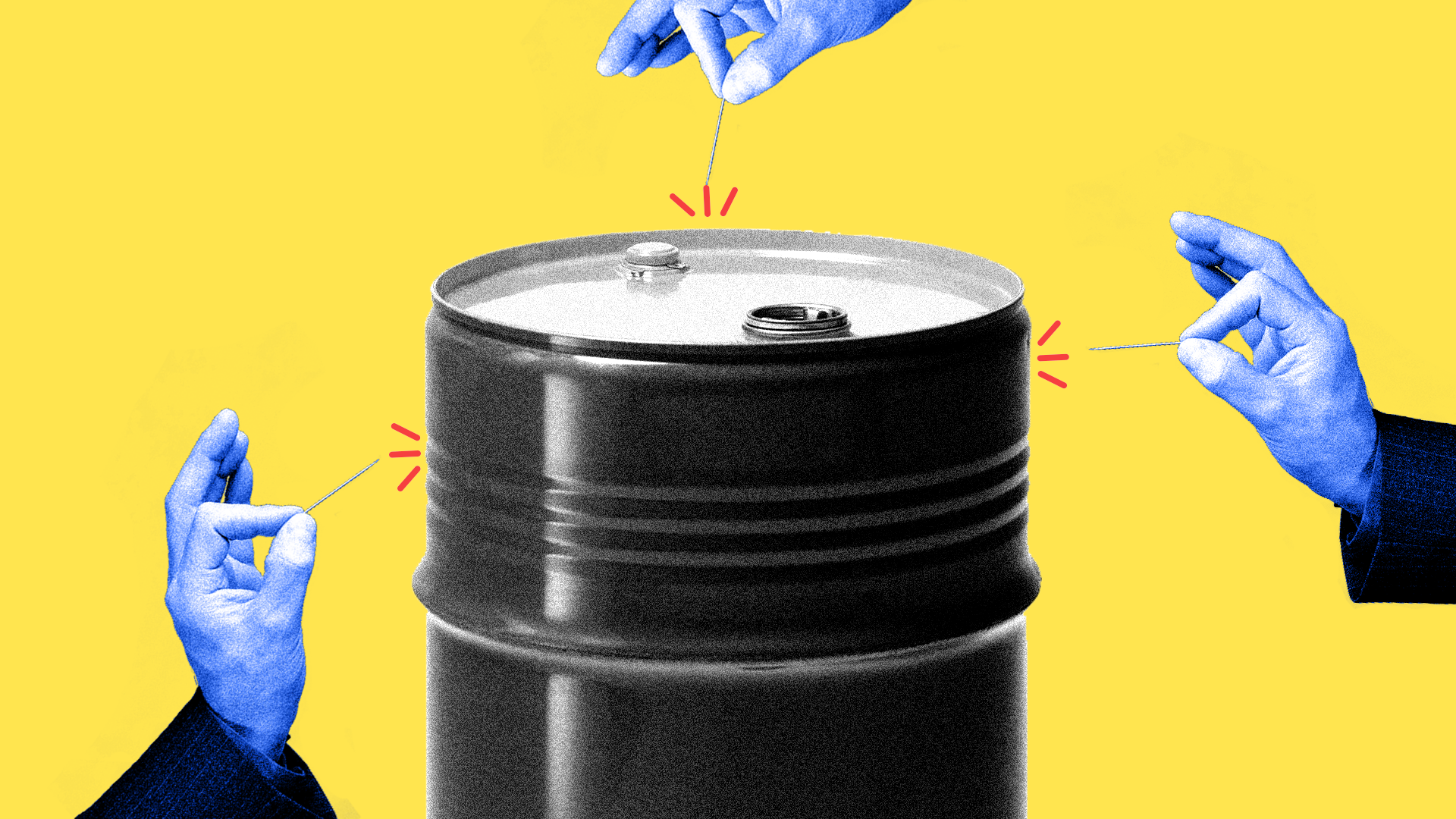 Illustration of oil barrel being pricked with needles