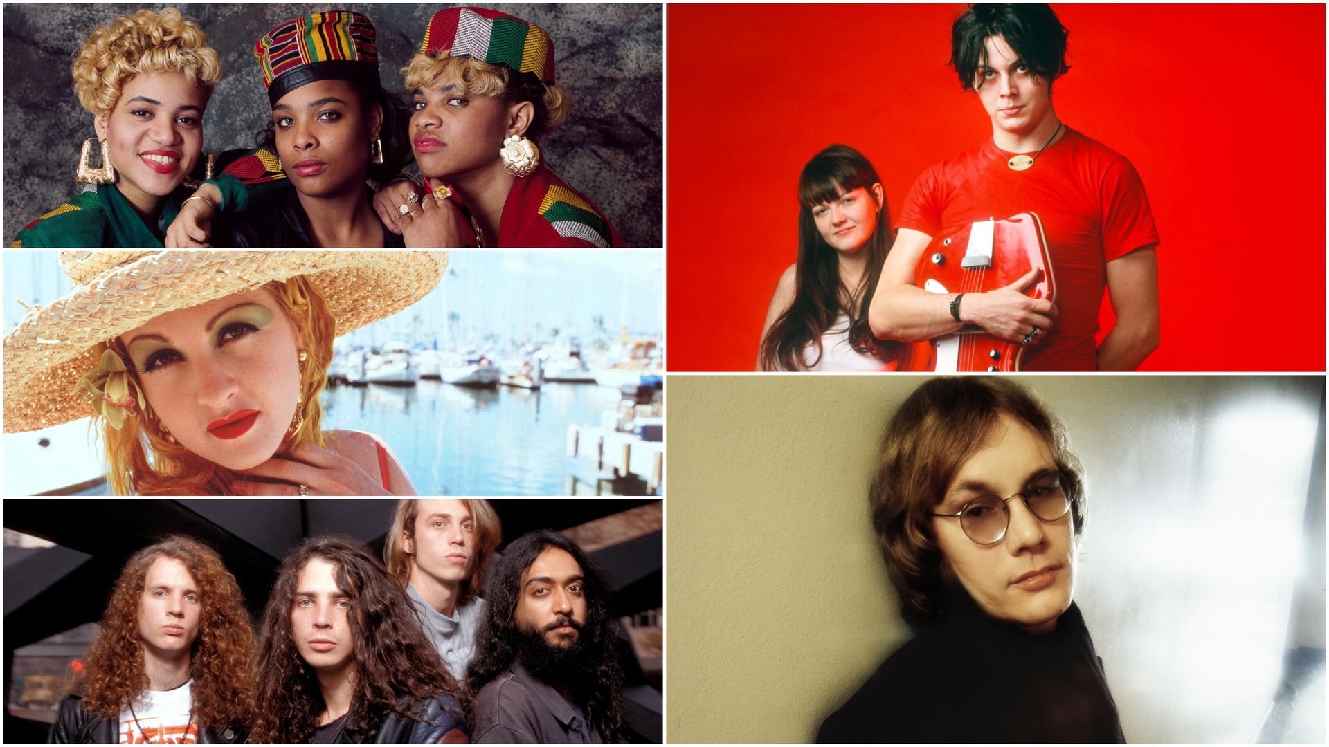 Collage of diverse musicians: three women in colorful outfits, a woman in a straw hat by a marina, a red-background duo with a guitar, a 4-member rock band with long hair, and a man with glasses.