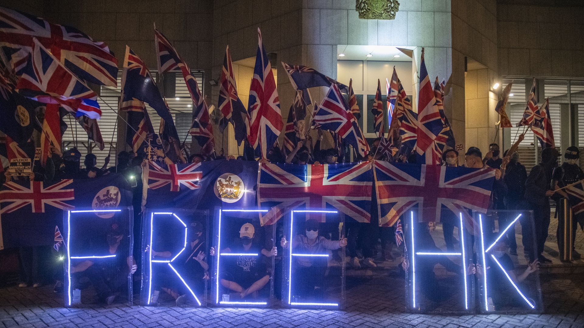 Protesters outside the British Consulate Central in Hong Kong