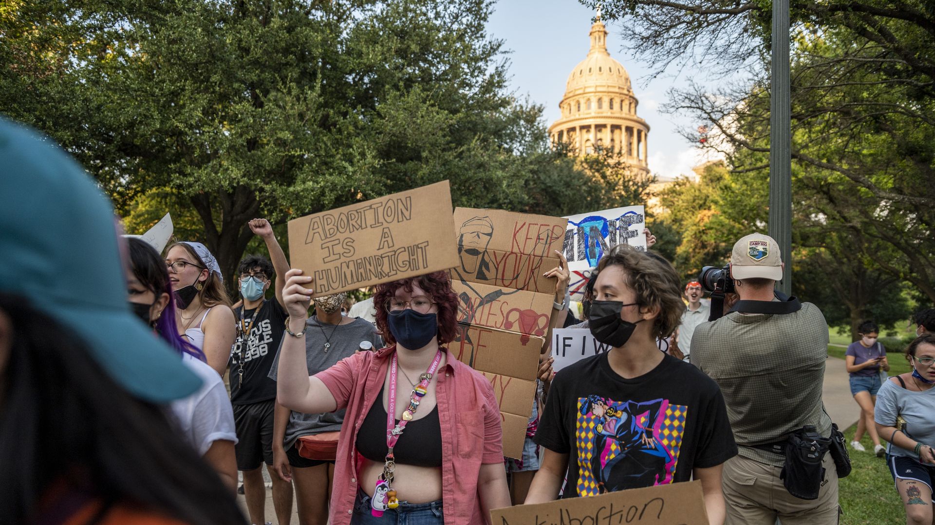  Pro-choice protesters march outside the Texas State Capitol on Wednesday, Sept. 1, 2021 in Austin, Texas. 