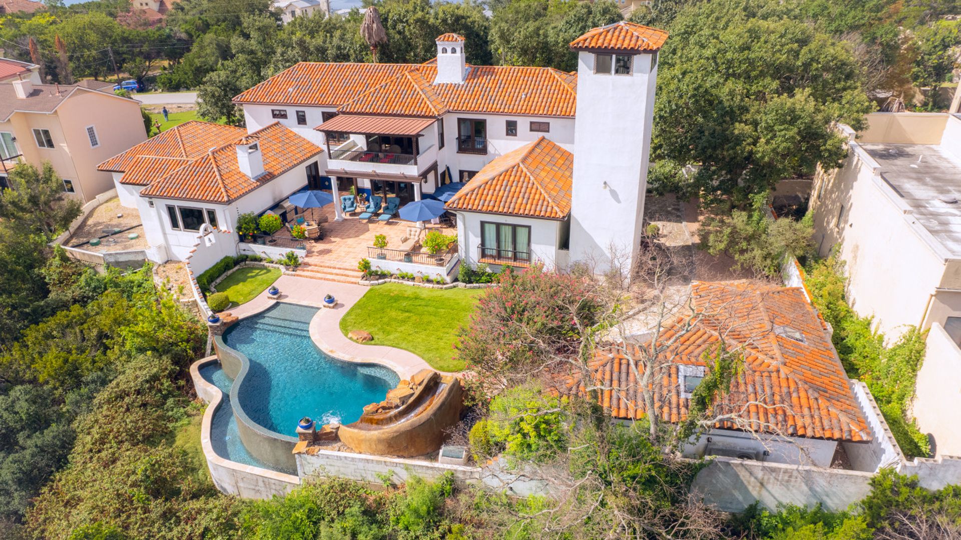 overhead view of a home with a large pool