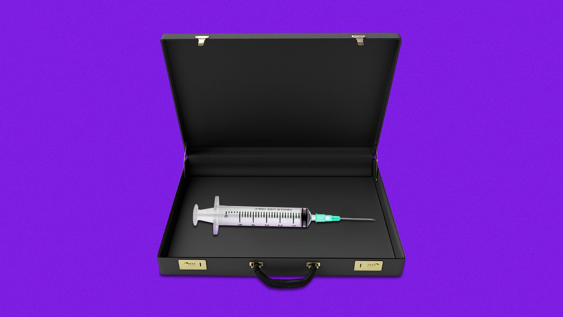 An open briefcase with a syringe inside