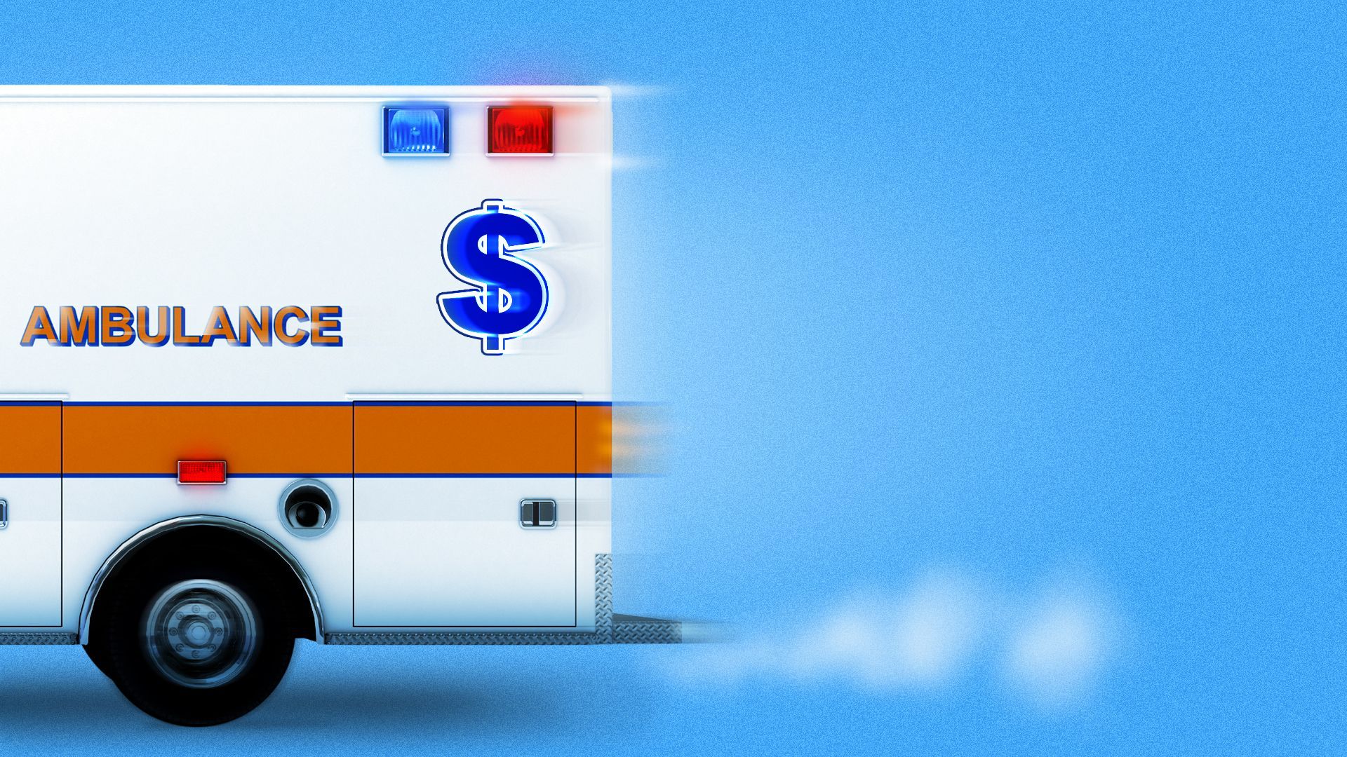 Illustration of an ambulance with a dollar sign on the sign driving off screen in a blur