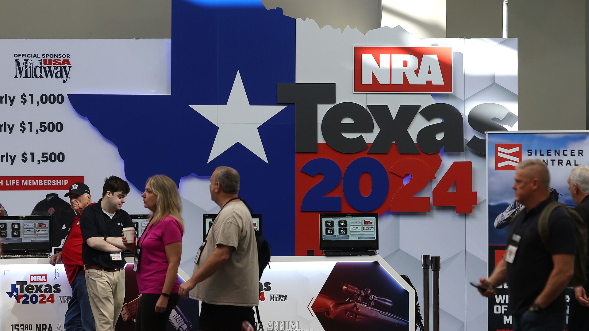 National Rifle Association signage in Dallas on May 17.