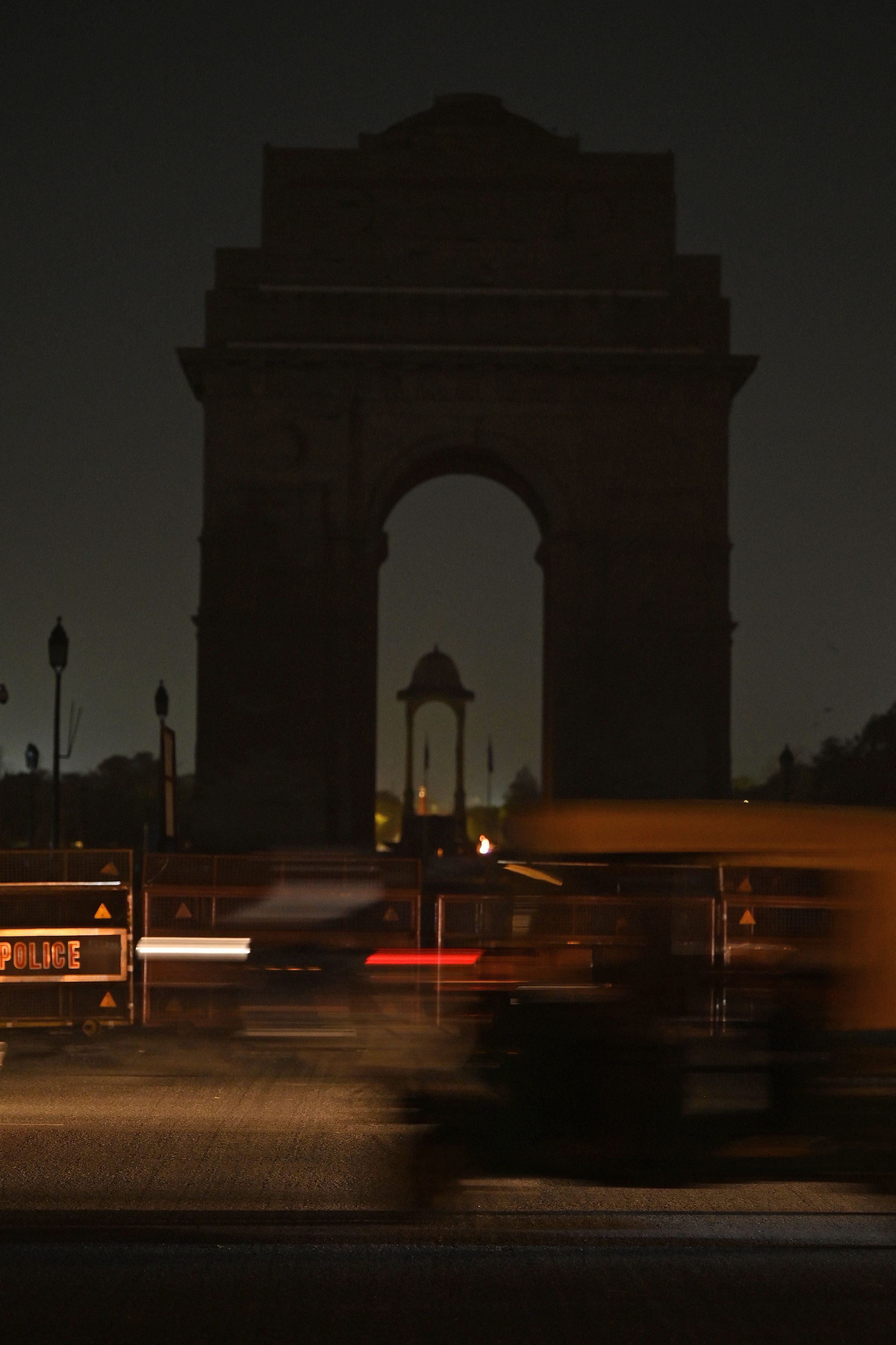 A general view of the India Gate war memorial is seen after the lights were switched off during the Earth Hour environmental campaign in New Delhi on March 27