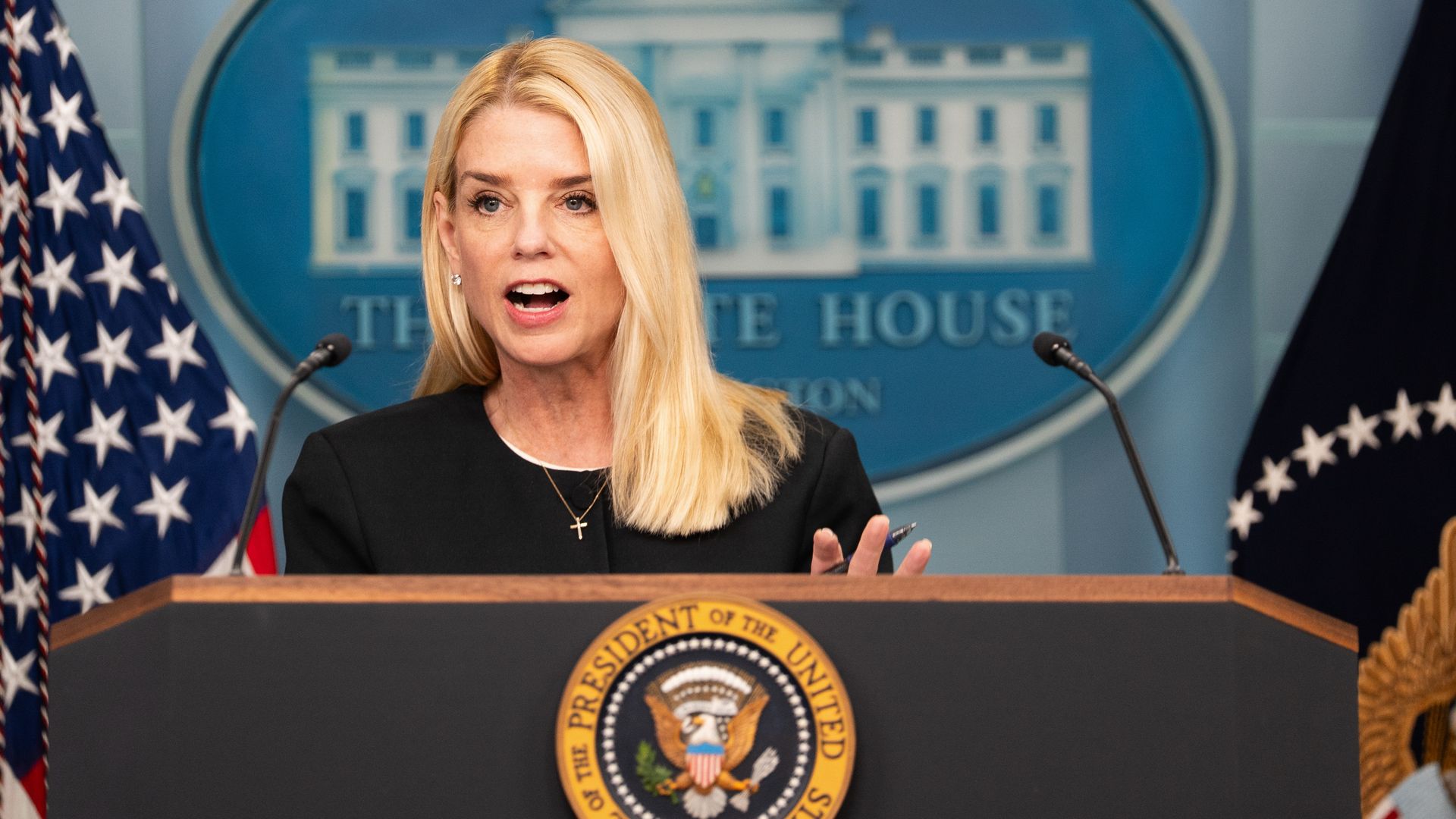 Pam Bondi, US attorney general, speaks during a news conference in the James S. Brady Press Briefing Room of the White House in Washington, DC, US, on Friday, June 27, 2025. 