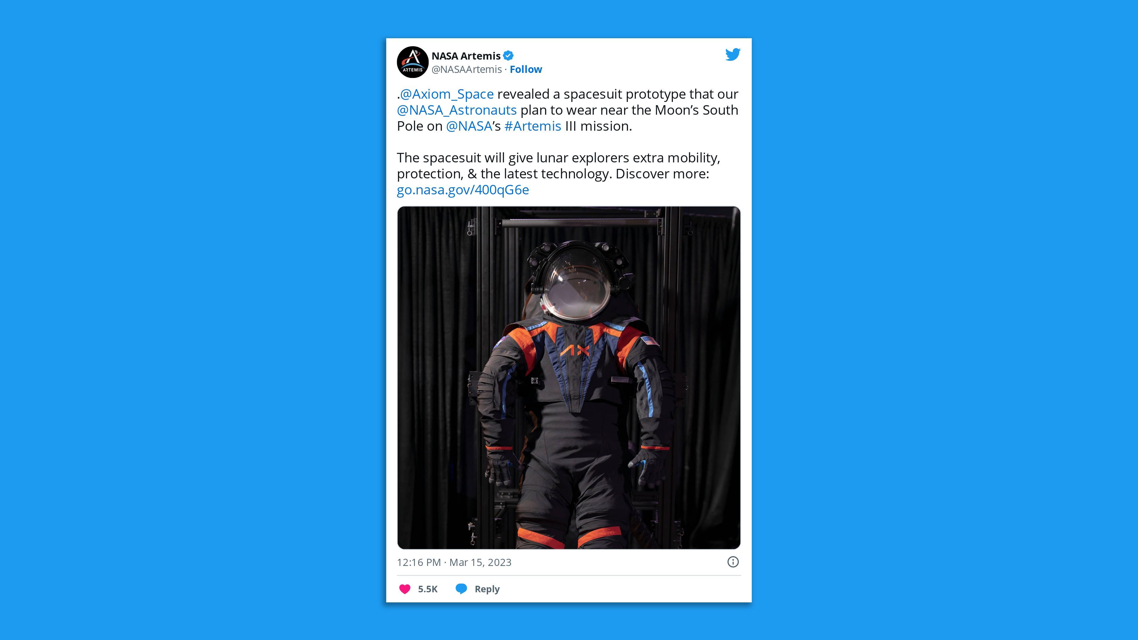 A screenshot of a NASA Artemes tweet stating: ". @Axiom_Space  revealed a spacesuit prototype that our  @NASA_Astronauts  plan to wear near the Moon’s South Pole on  @NASA ’s #Artemis III mission.   The spacesuit will give lunar explorers extra mobility, protection, & the latest technology."
