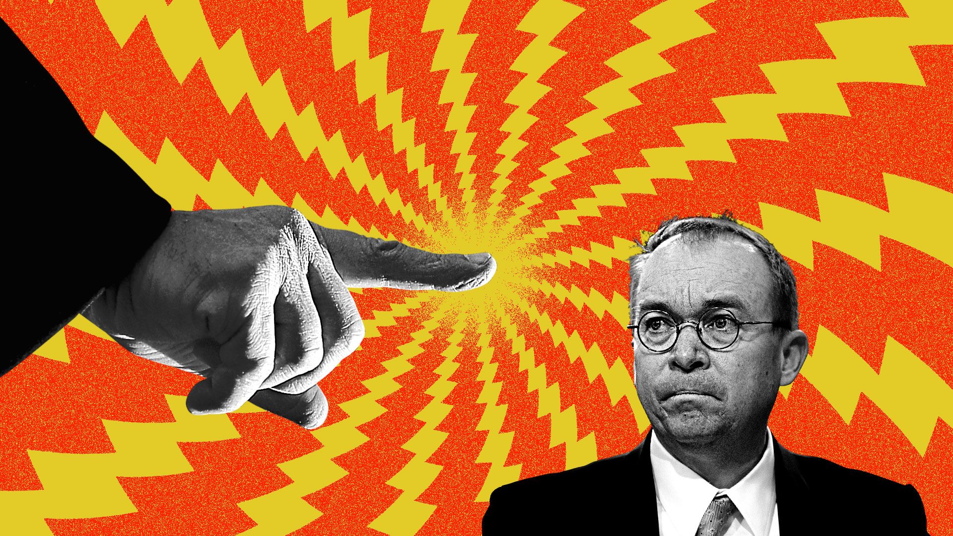 A gigantic Trump hand chastising Mick Mulvaney.