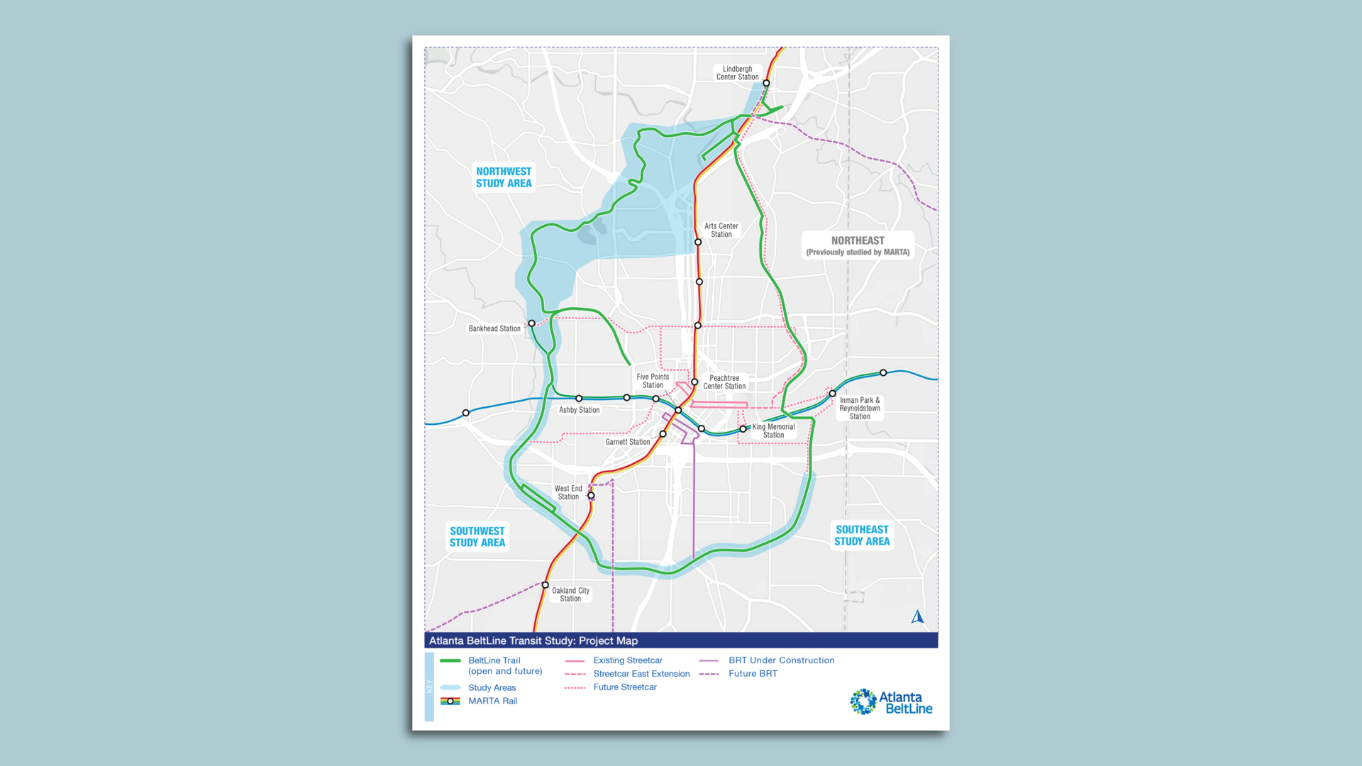 A map of the Atlanta Beltline with the northwest, southwest and southeast segments where officials will study transit shaded blue