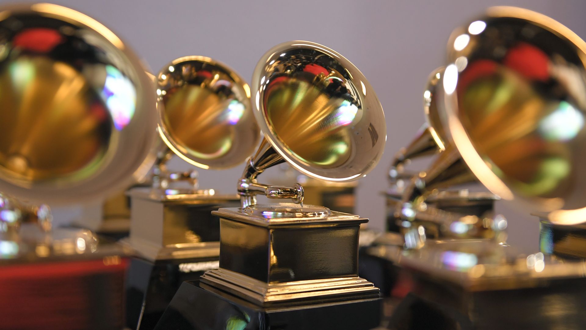 Grammy trophies sit in the press room during the 64th Annual GRAMMY Awards