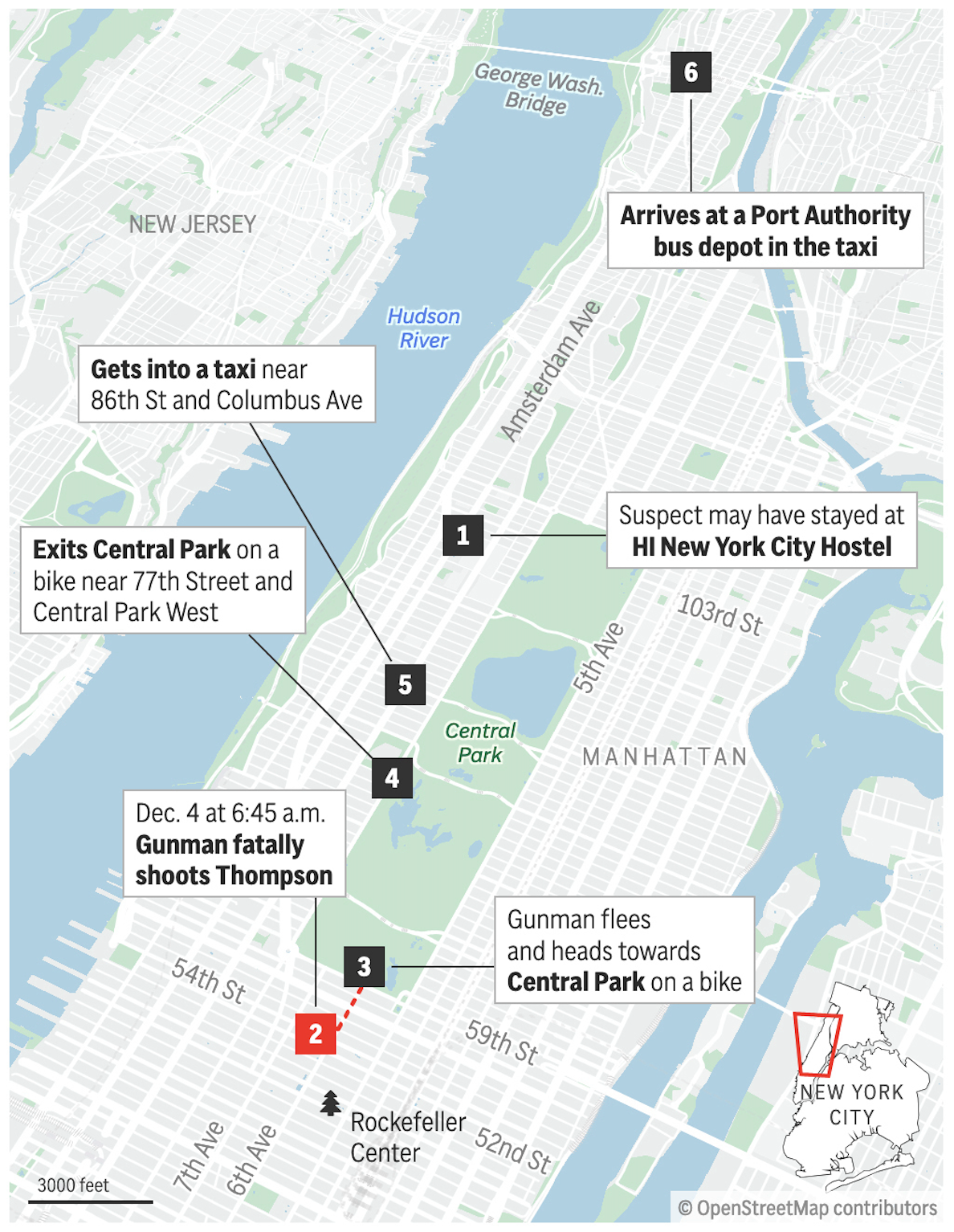 A map showing the UnitedHealthcare CEO shooter's moves through Manhattan
