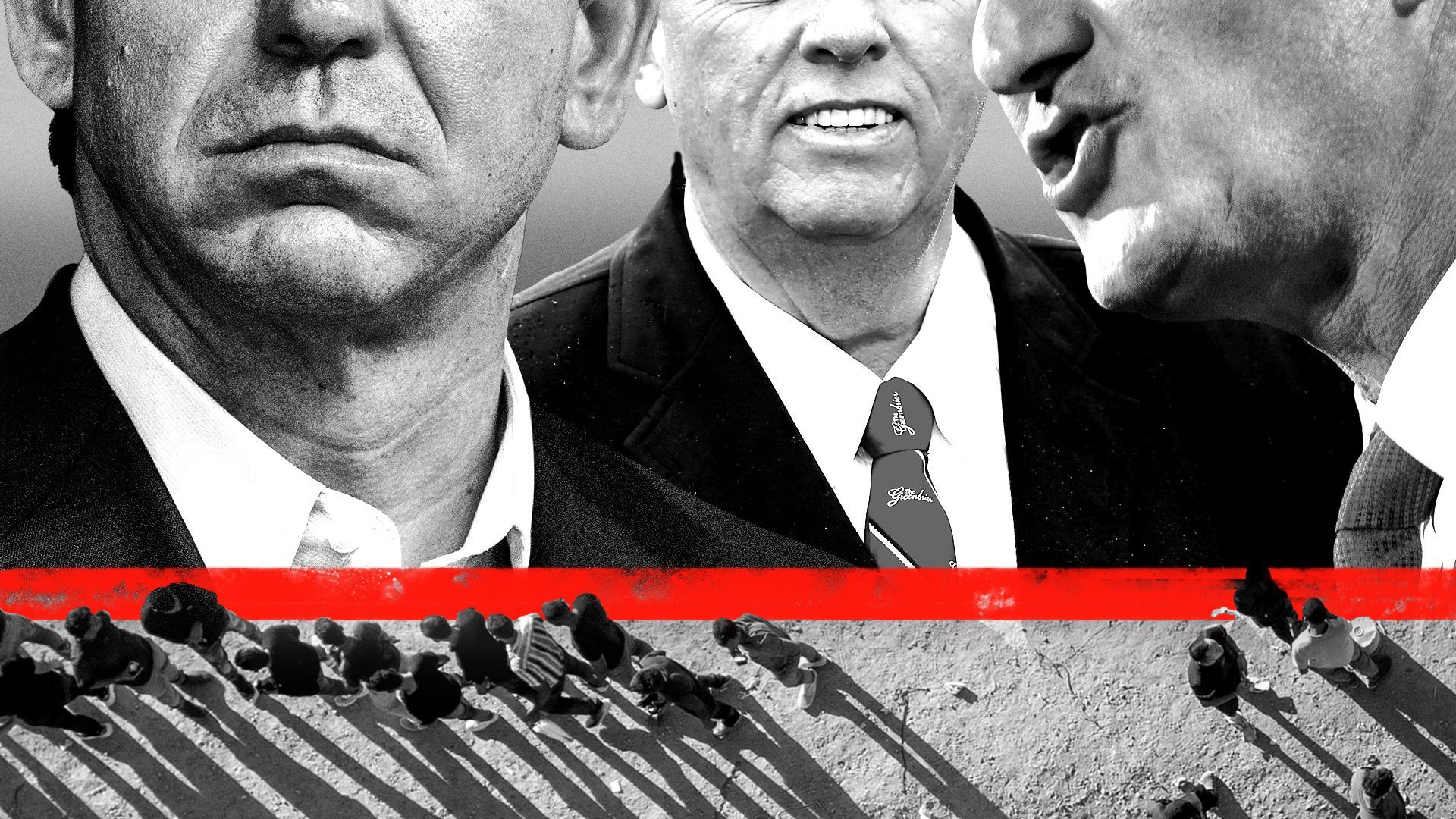 Photo illustration of cropped photos of Governors Ron DeSantis, Jim Justice, and Glenn Youngkin over a red line and a photo of immigrants at the U.S.-Mexico border