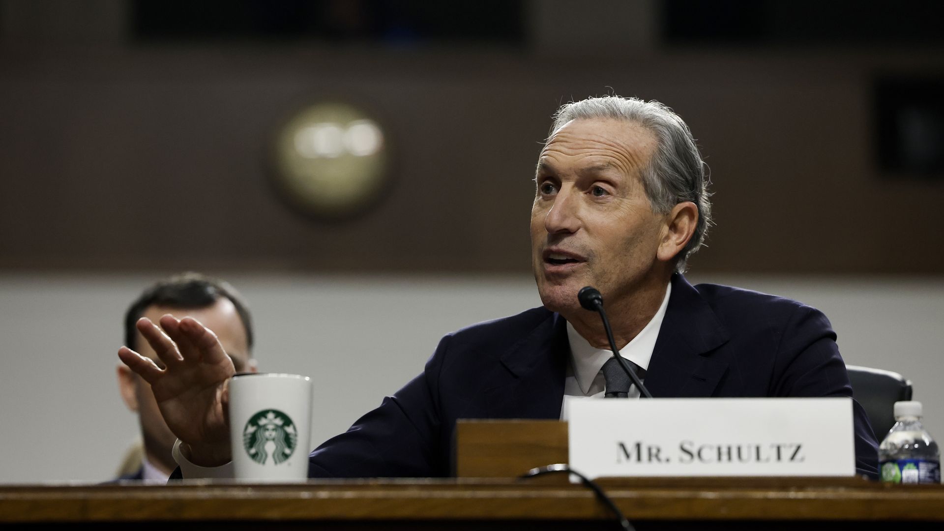  Former Starbucks CEO Howard Schultz testifies before the Senate Health, Education, Labor, and Pensions Committee in the Dirksen Senate Office Building on Capitol Hill on March 29, 2023 in Washington, DC. 