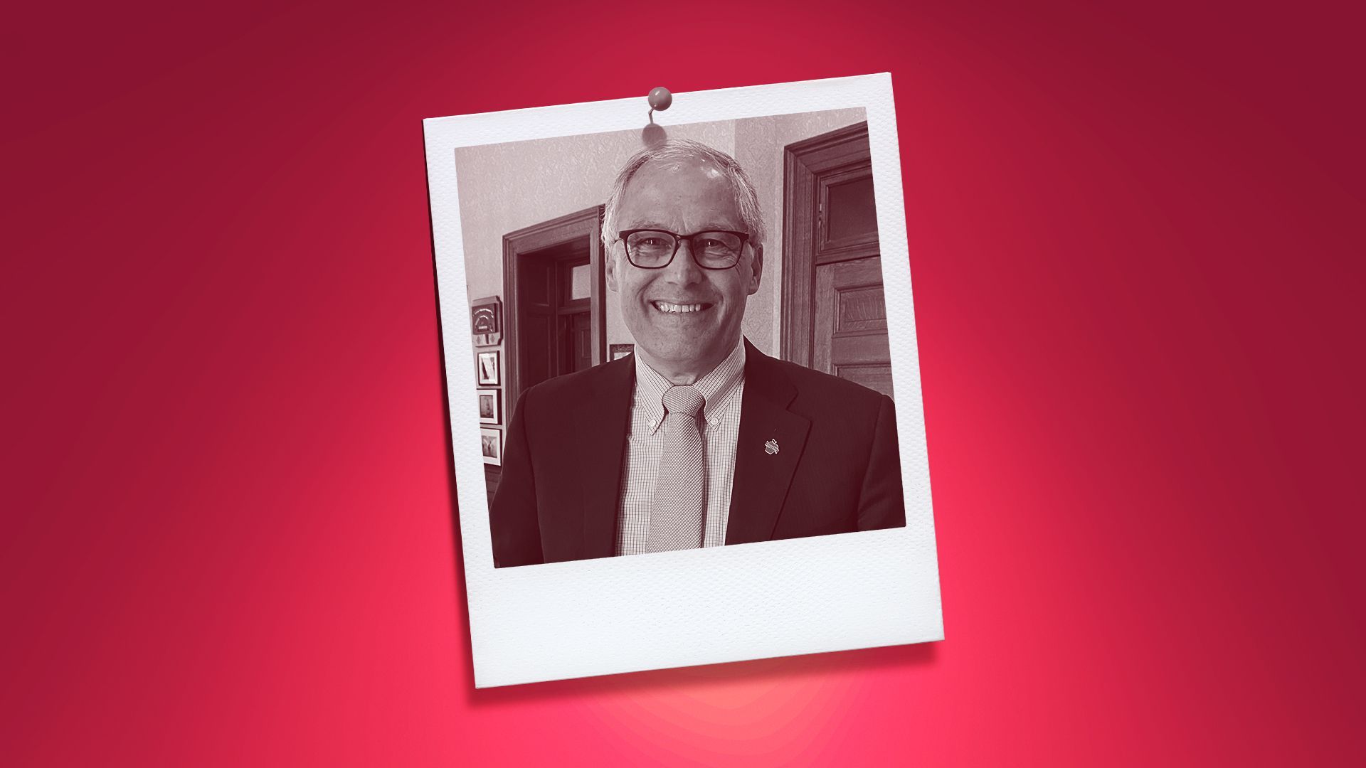 Photo illustration of Gov. Jay Inslee, in an instant photo pinned to a red wall.