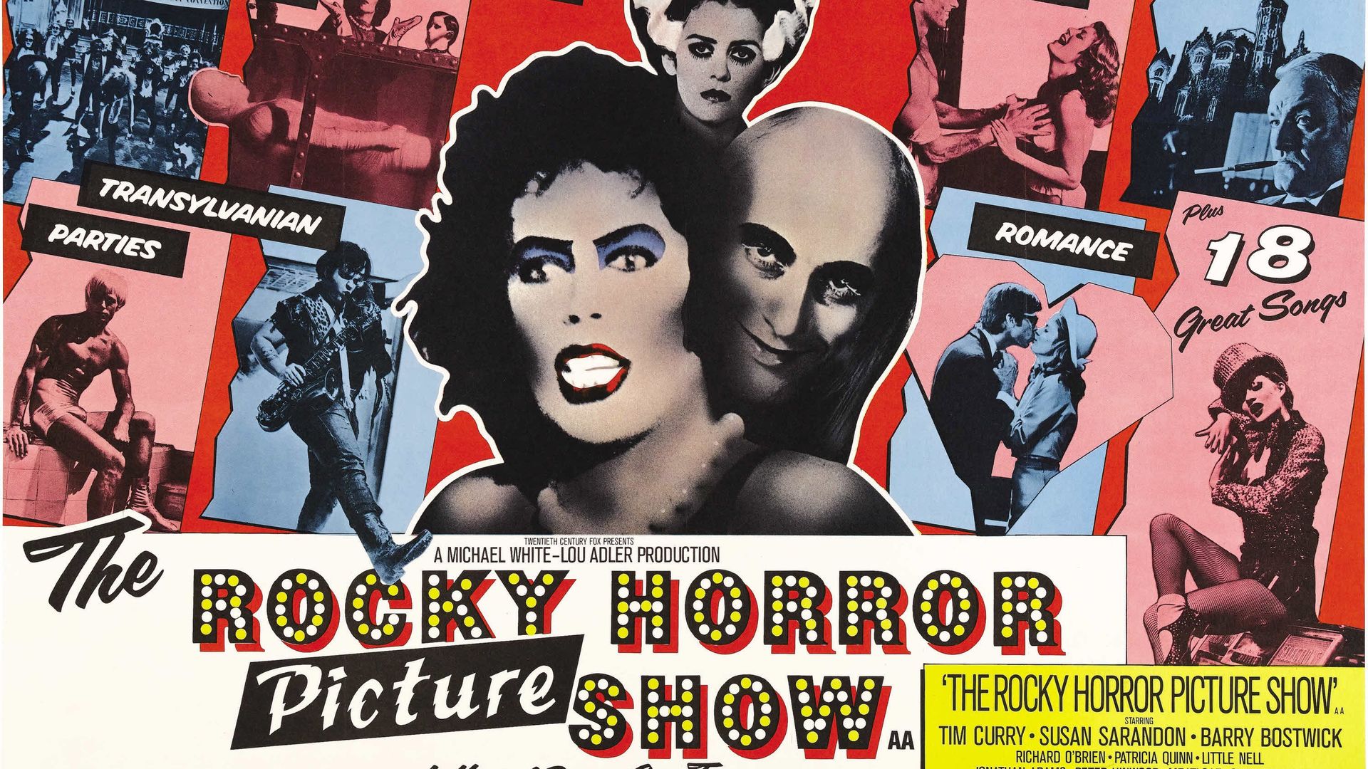 The Rocky Horror Picture Show, poster, US poster art, from left: Peter Hinwood, Meat Loaf, Tim Curry, Patricia Quinn, Richard O'Brien, Barry Bostwick, Susan Sarandon, Nell Campbell, 1975.