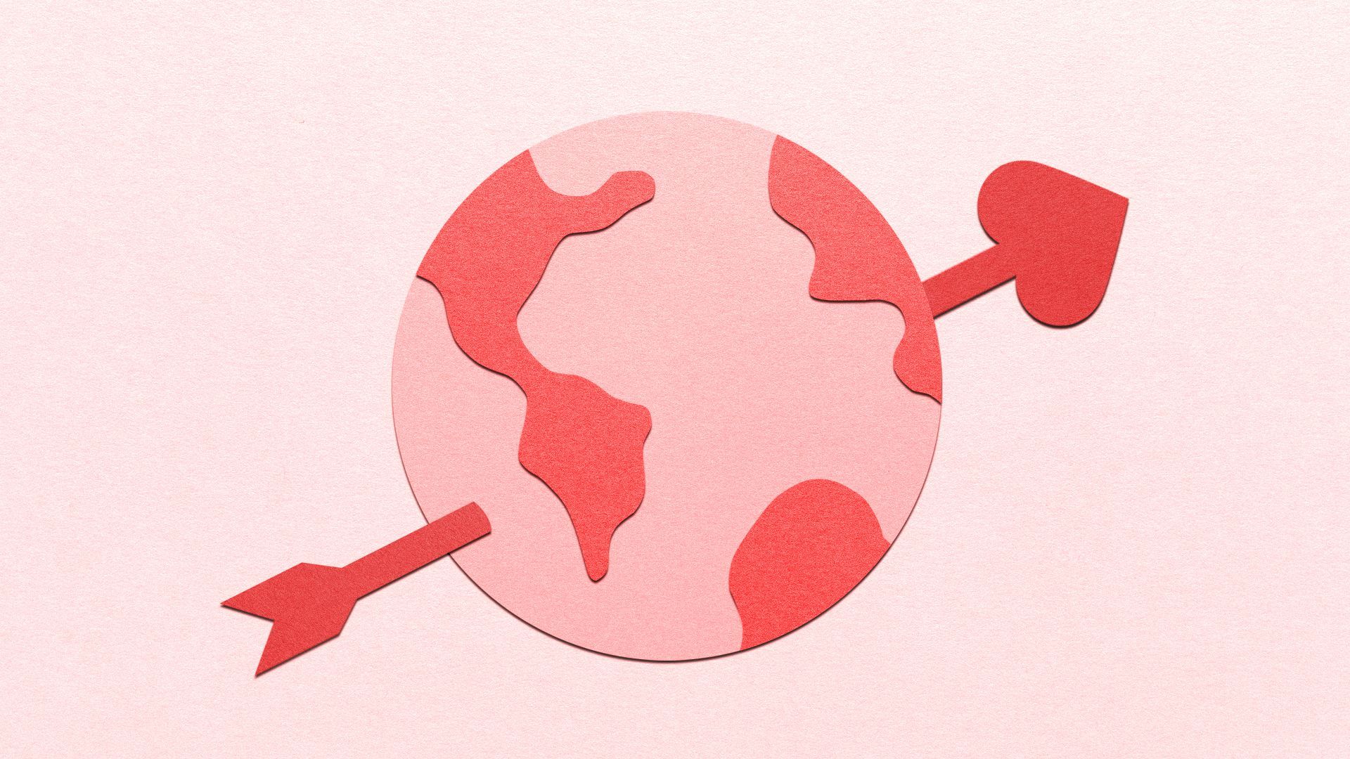 a pink paper cut illustration of the earth with an arrow going through the center of it 